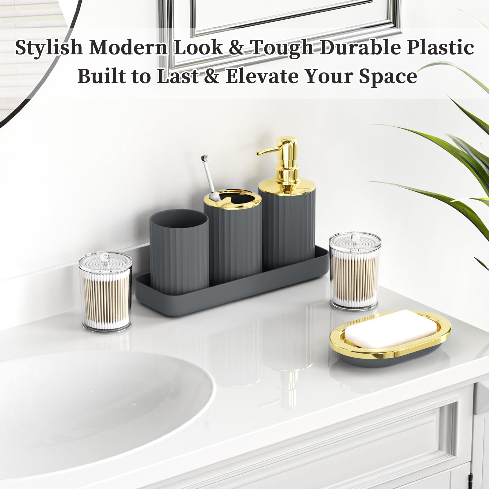 XLHOMO 24 PCS Black Bathroom Accessories Set with Shower Curtain and Rugs, Bathroom Decor Set with Trash Can, Toilet Brush, Soap Dispenser, Toothbrush Holder, Tumbler, Soap Dish and Jars