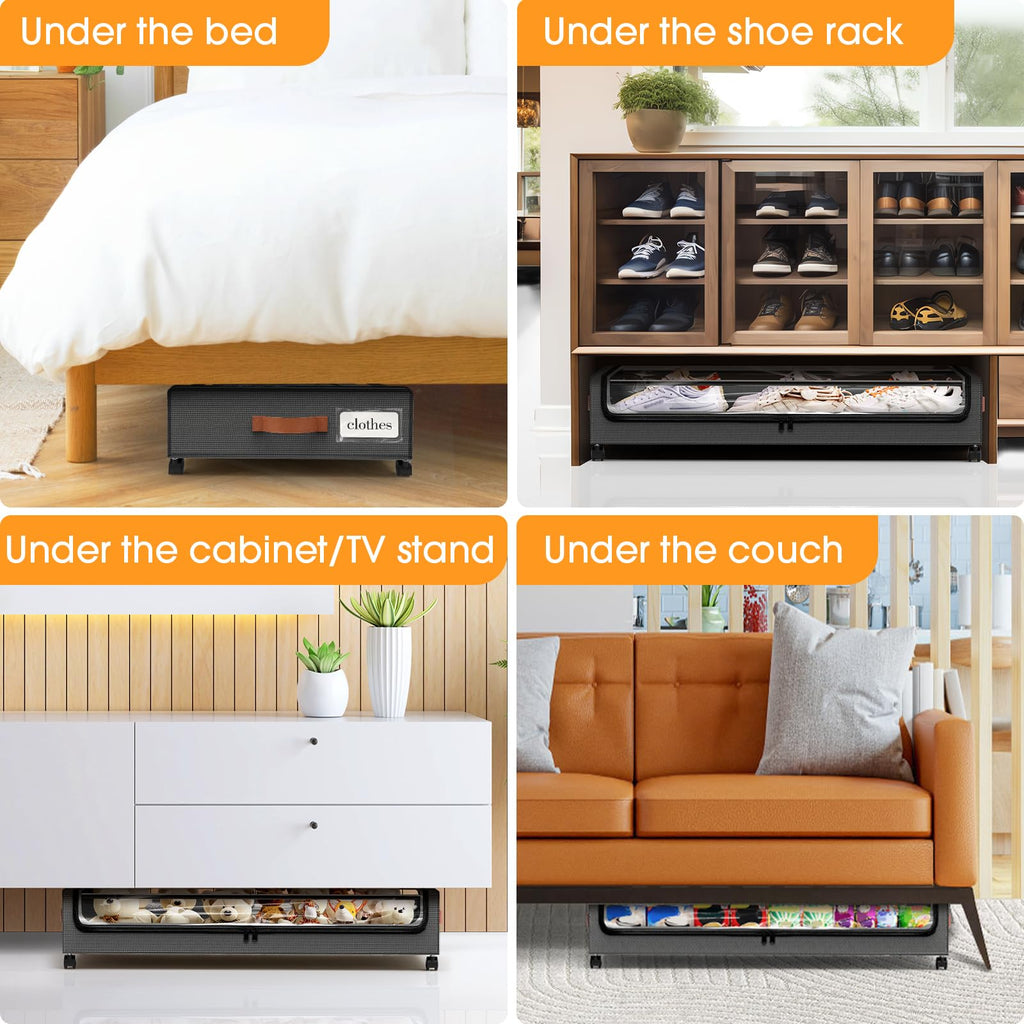 SpaceHacks Under Bed Storage with Wheels 1Pack Underbed Storage with Clear Window&Label Under Bed Drawers Large Capacity Rolling Under Bed Storage for Clothes,Shoes, Blankets (Beige)
