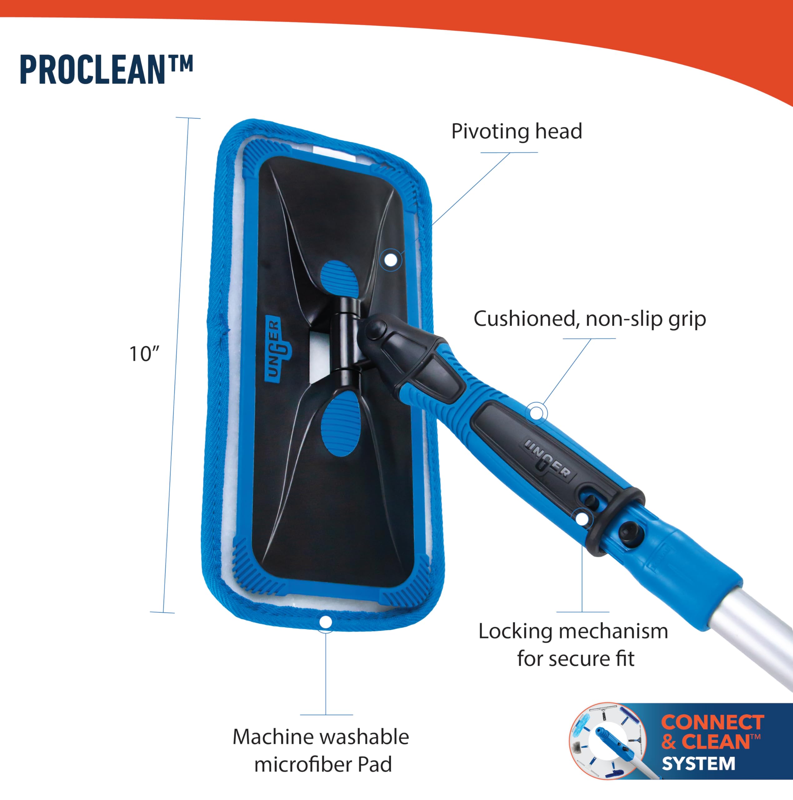 Unger Professional Indoor Window Cleaning Kit with 2' Pole — Swivel Head Pad Washer for Glass, Mirrors & Flat Surfaces, Streak-Free Results, 2 Reusable Microfiber Pads, Wet or Dry Use