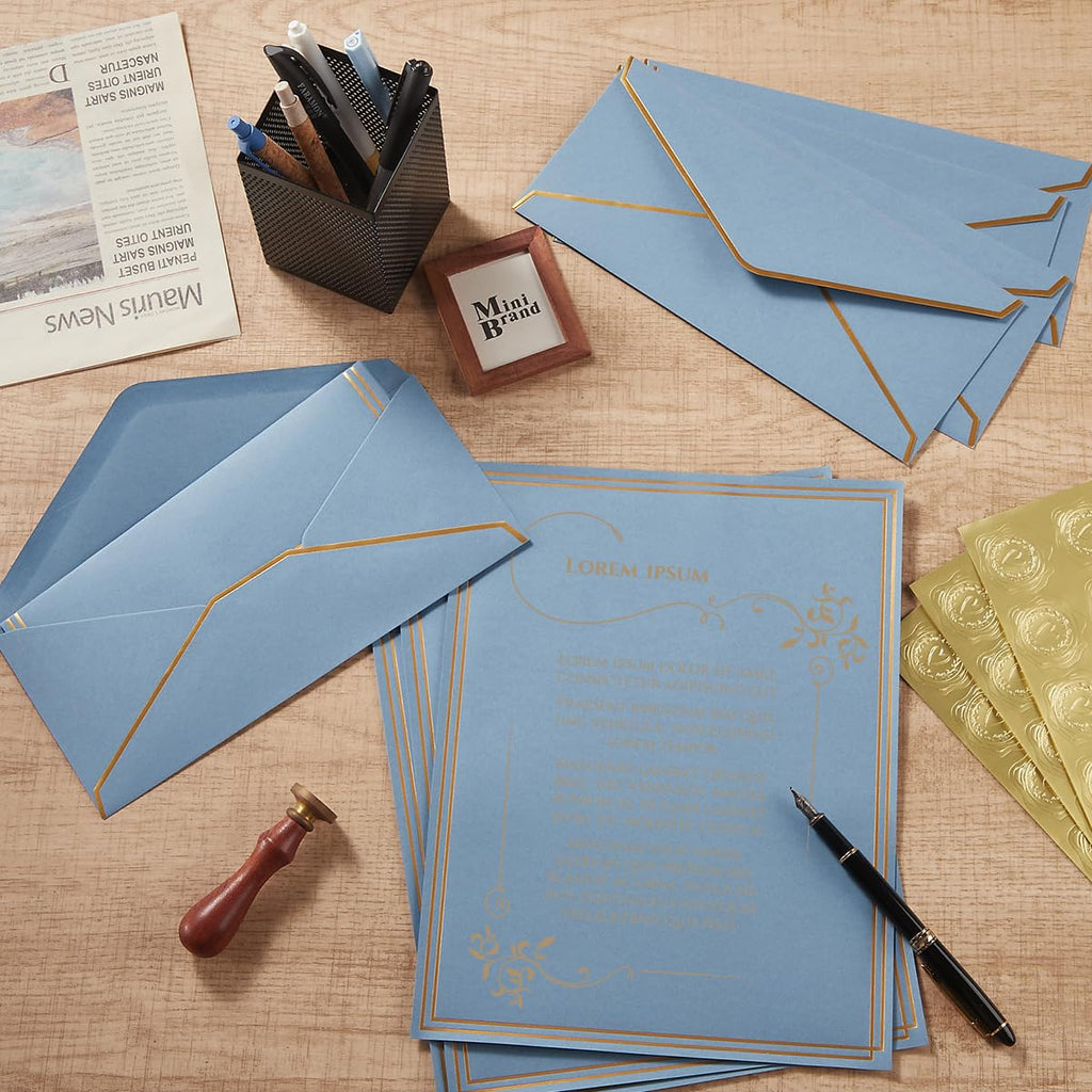 50 Pack Stationery Set with Envelopes, Cream Color, 8.5x11 Inches | Gold Border, #10 Business Envelopes and 8.5x11 Paper Sheets, Stickers for Letter Writing, Invitations