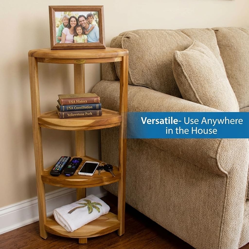 DecoTeak Teak Corner Shower Shelf – 2 Tier Waterproof Bathroom Storage Organizer Compact Wood Storage | Water-Resistant Design | Space Saver for Showers & Small Bathrooms | Shaving Foot Rest