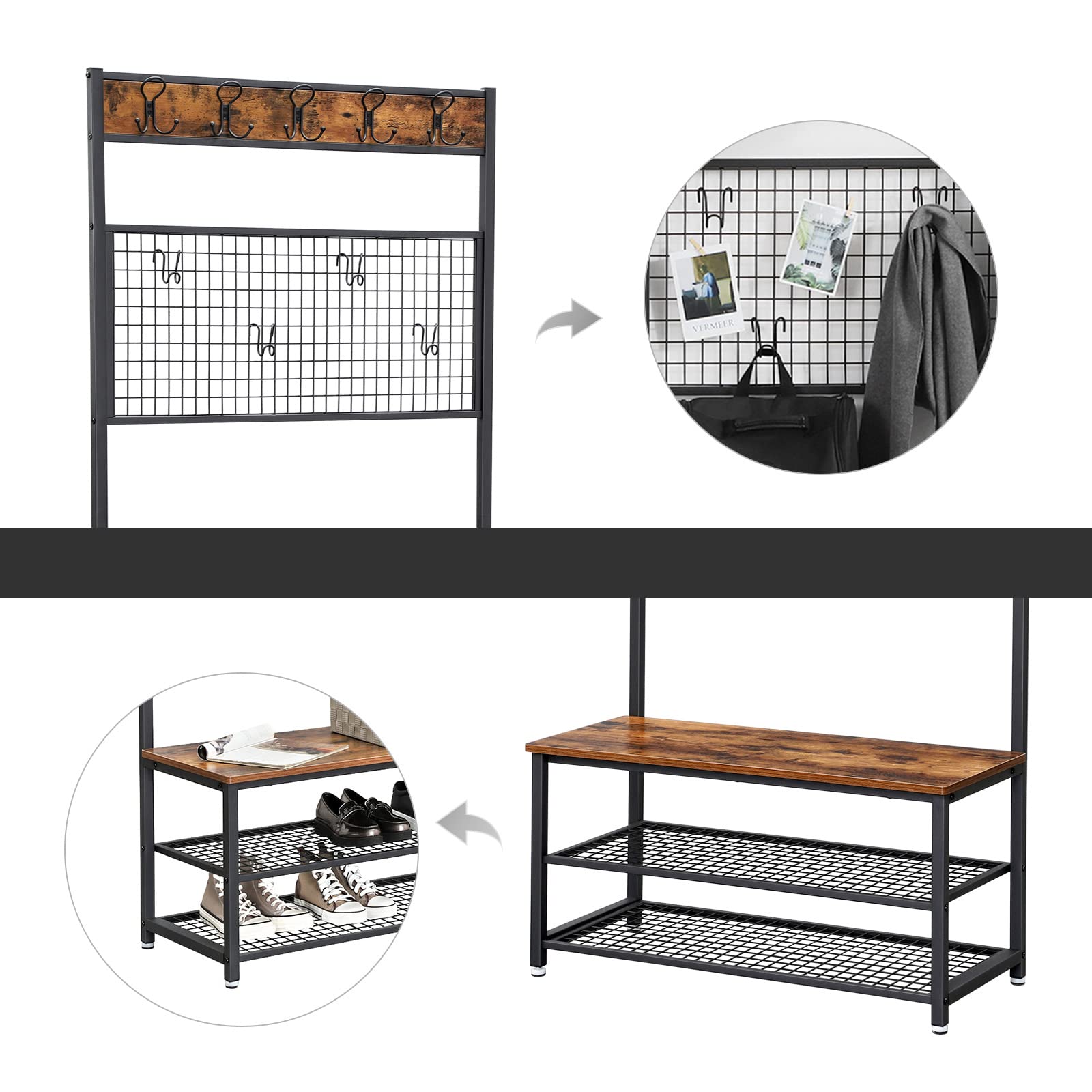 VASAGLE Shoe Bench Rack, 3-Tier Storage Shelf for Entryway Hallway Living Room, Industrial Accent Furniture with Steel Frame, 12.6 x 31.5 x 70.3 Inches, Greige