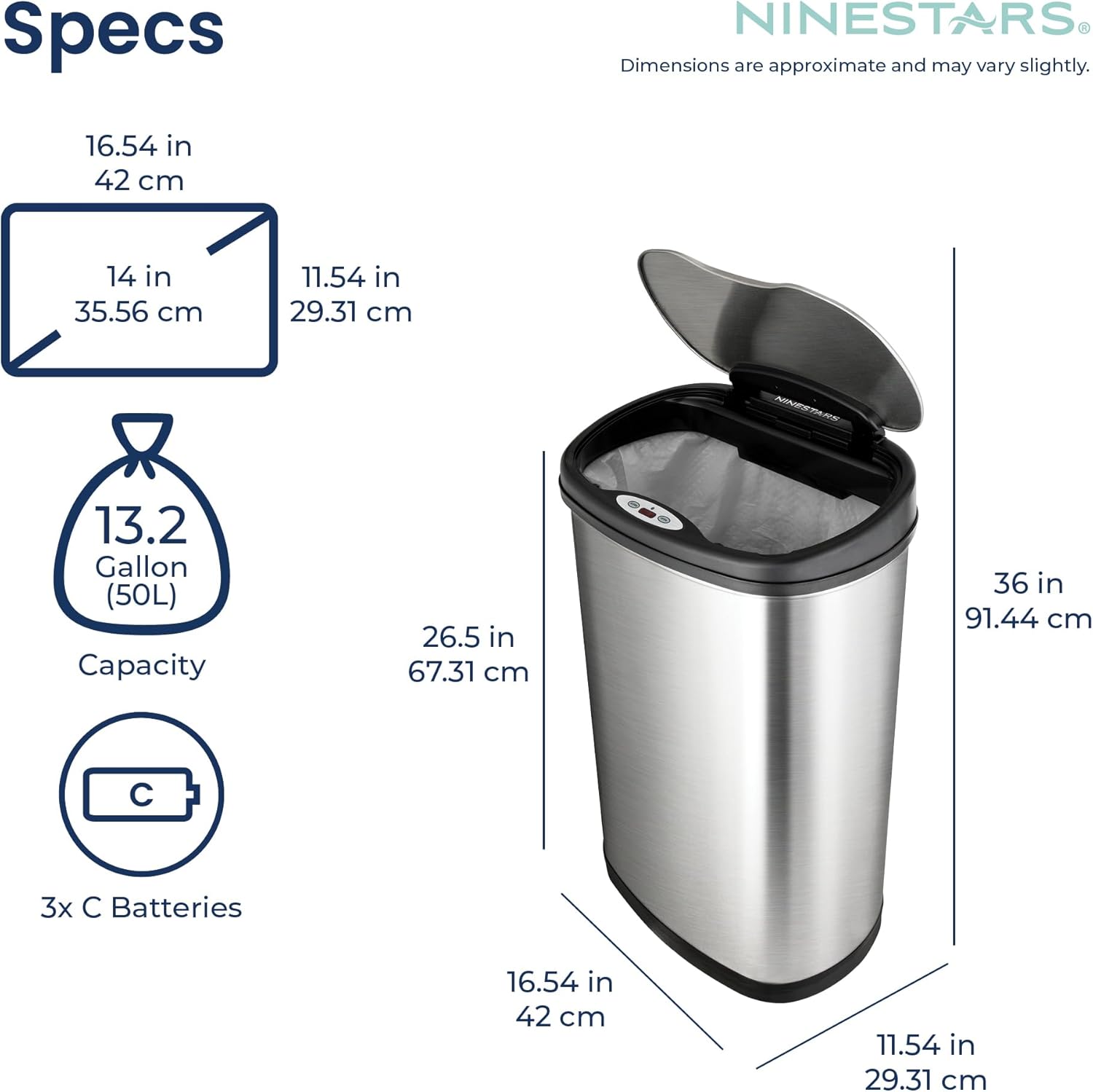 Ninestars DZT-50-13R Automatic Touchless Dual Compartment Motion Sensor Trash Can/Recycler, 13 Gal 50L, Stainless Steel Base (Oval, Black/Silver Lid)