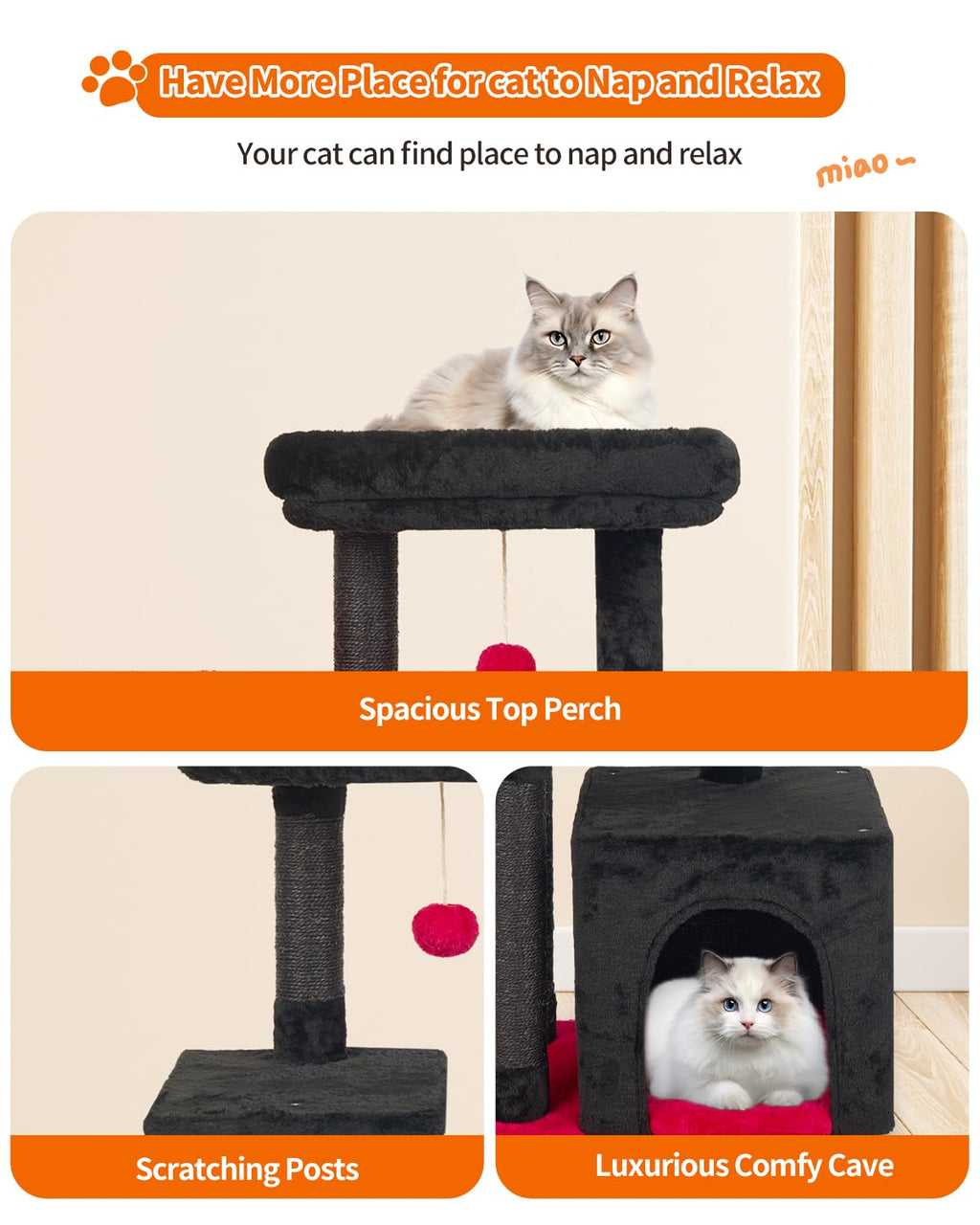 FISH&NAP Cute Cat Tree Kitten Cat Tower for Indoor Cat Condo Sisal Scratching Posts with Jump Platform Cat Furniture Activity Center Play House Beige