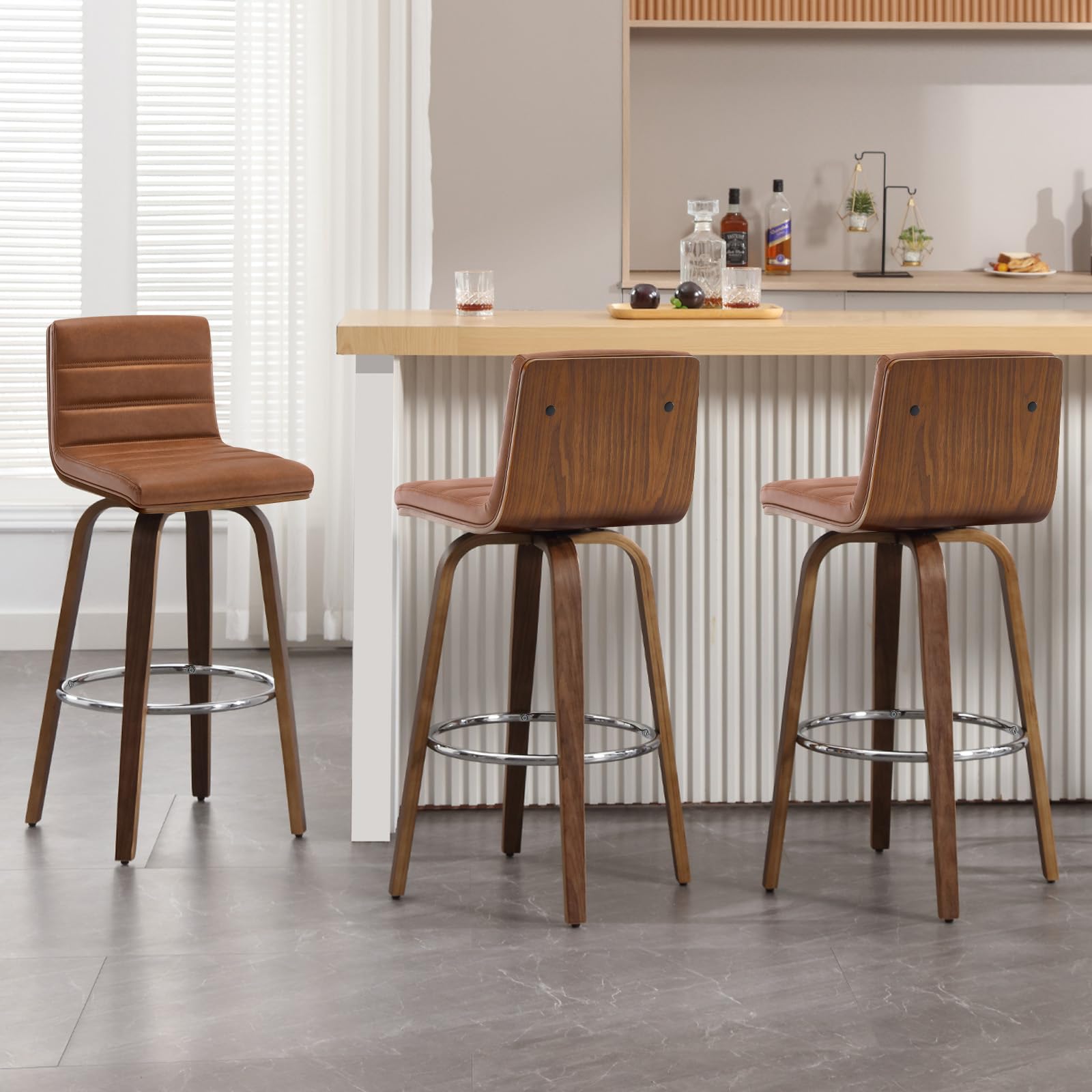 Bar Stools 29 Inch Bar Height, Swivel Bar Stools with Backs Upholstered PU Leather Barstool, L Shape Back and Padded Seat, Mid-Century Modern Bar Stool Pub Chairs for Kitchen Counter Island, Black