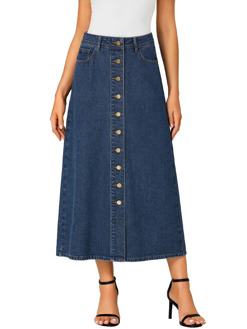 Vrtige Women's Casual Button Down High Waisted A Line Jean Midi Long Denim Skirt with Pockets