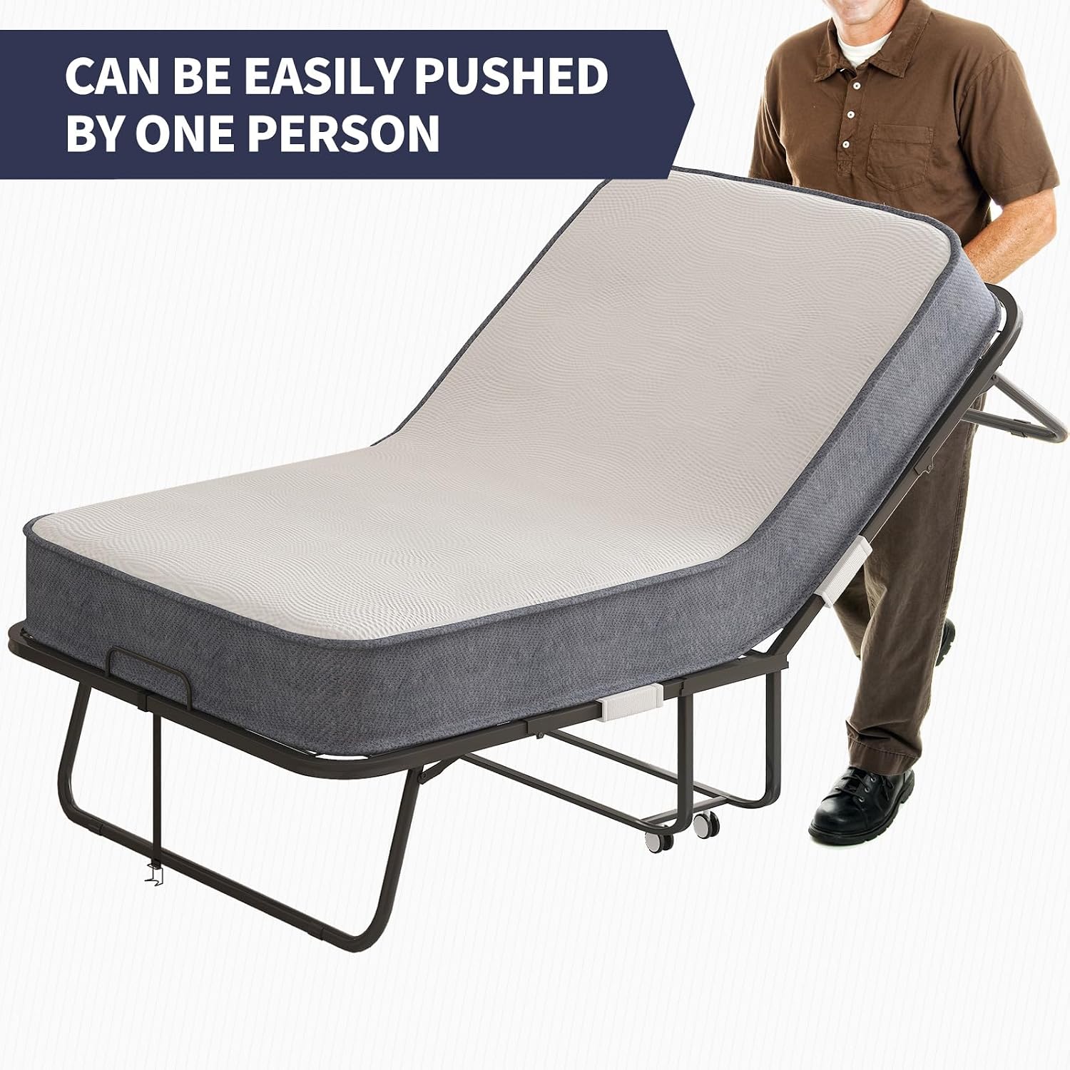 Folding Bed, 75" x 51" Rollaway Bed with 5" Thick Memory Foam Mattress for Adults, Queen Size Fold Up Roll Away Sleeping Beds, Space-Saving Foldable Portable Guest Beds with Sturdy Metal Frame