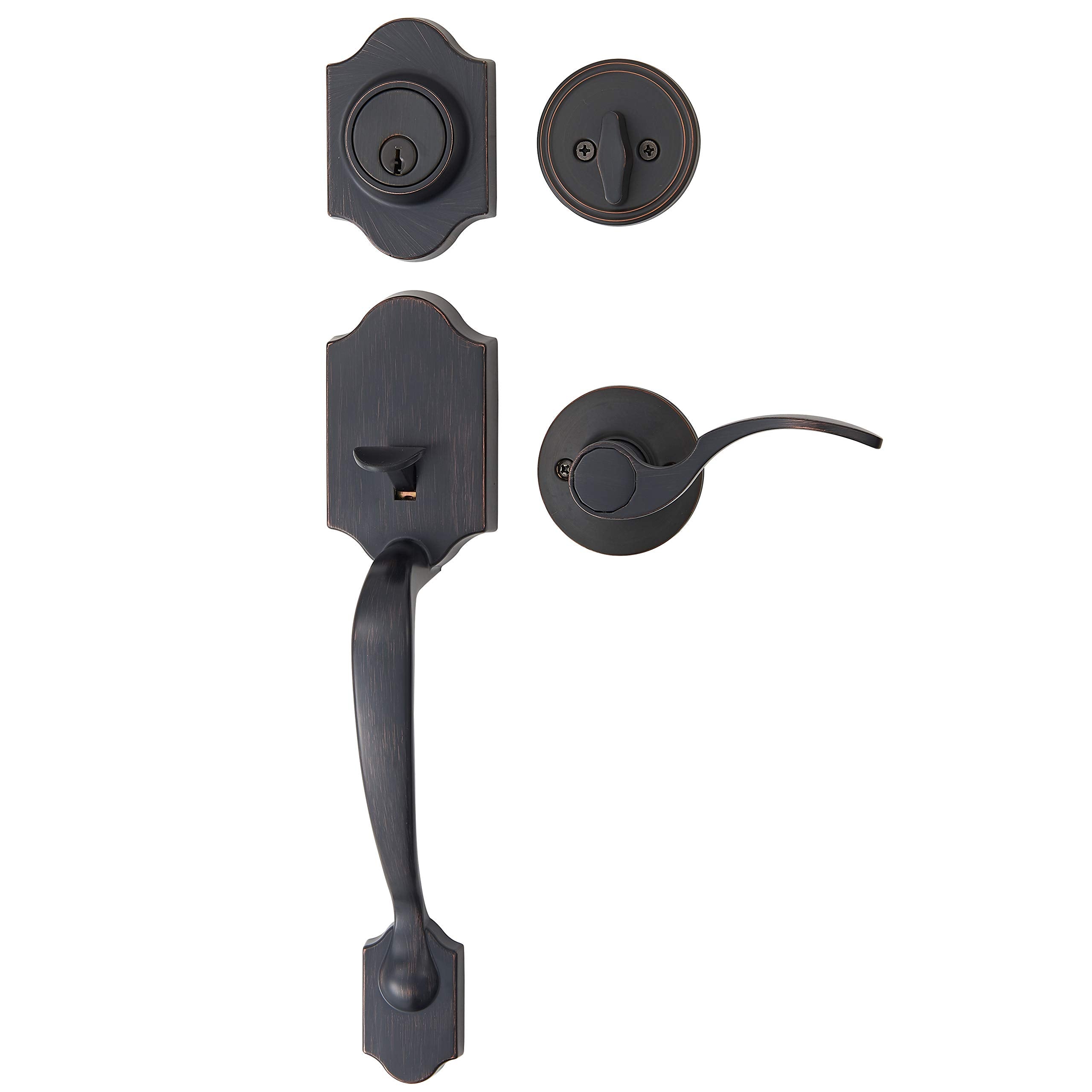 Amazon Basics Front Door Lock Set, Handleset with Shelby Lever, Single Cylinder, Easy to Install, Oil Bronze, Grade-3 Security