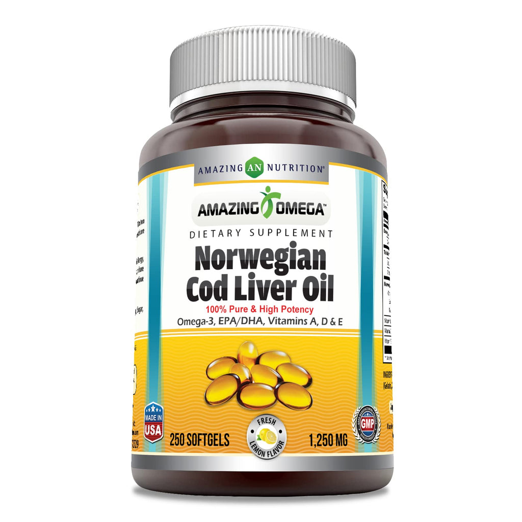 Amazing Omega Norwegian Cod Liver Oil 1250 Mg Softgels Supplement | Omega-3, EPA, DHA, Vitamin A, Vitamin D & Vitamin E (Lemon | 60 Count)