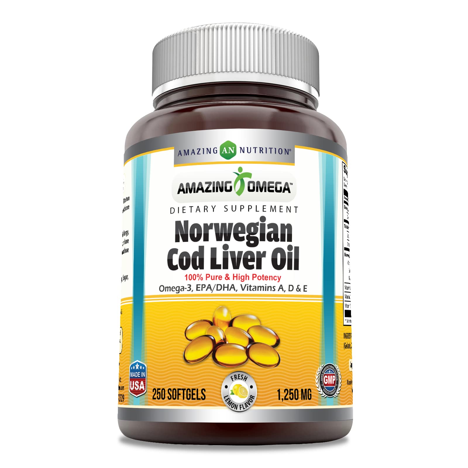 Amazing Omega Norwegian Cod Liver Oil 1250 Mg Softgels Supplement | Omega-3, EPA, DHA, Vitamin A, Vitamin D & Vitamin E (Lemon | 60 Count)