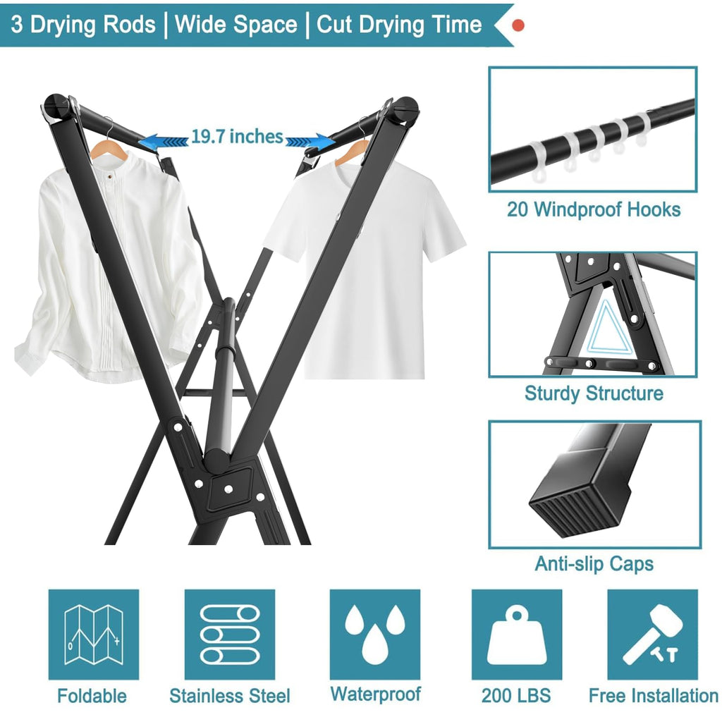 JAUREE 95 Inches Clothes Drying Rack, Drying Rack Clothing Folding Indoor Outdoor, Heavy Duty Stainless Steel Laundry Drying Rack, Foldable Portable Clothes Rack Garment Rack with 20 Hooks Black