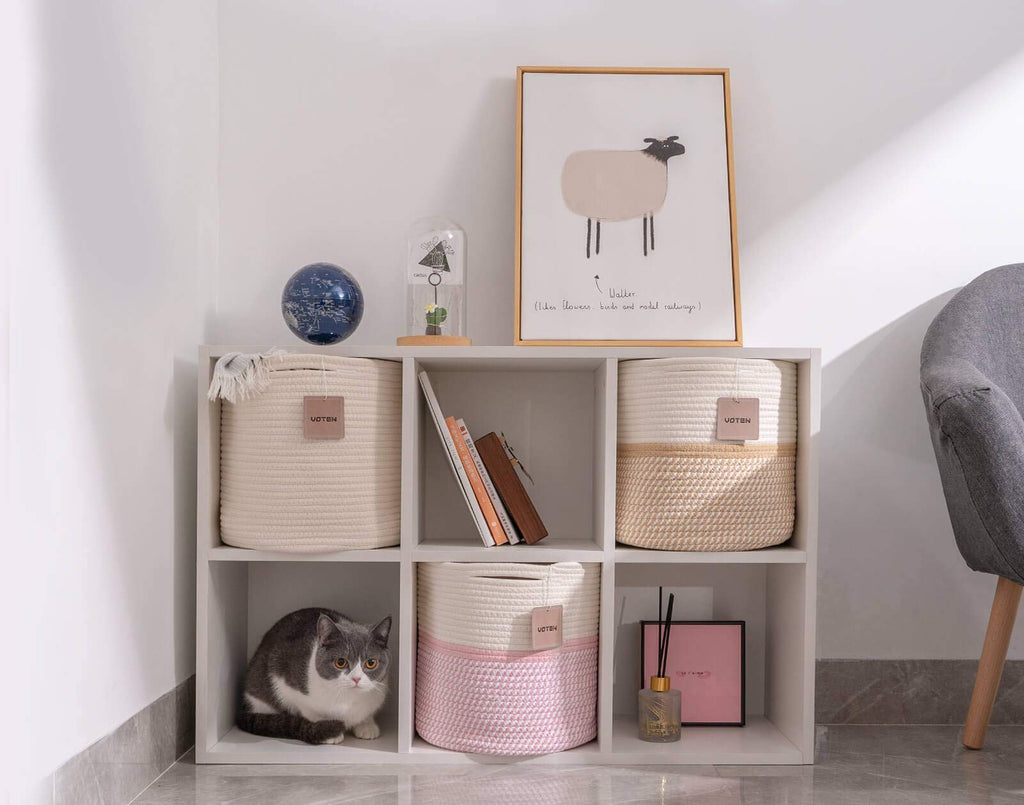 voten Cube Storage Baksets Bins 11x11’’ Fit 12x12’’ Organizer Bookcases Shelving,Stylish&Durable Woven Cotton Basket Containers for Organizing 3-Pack Off White/Mixed Camel