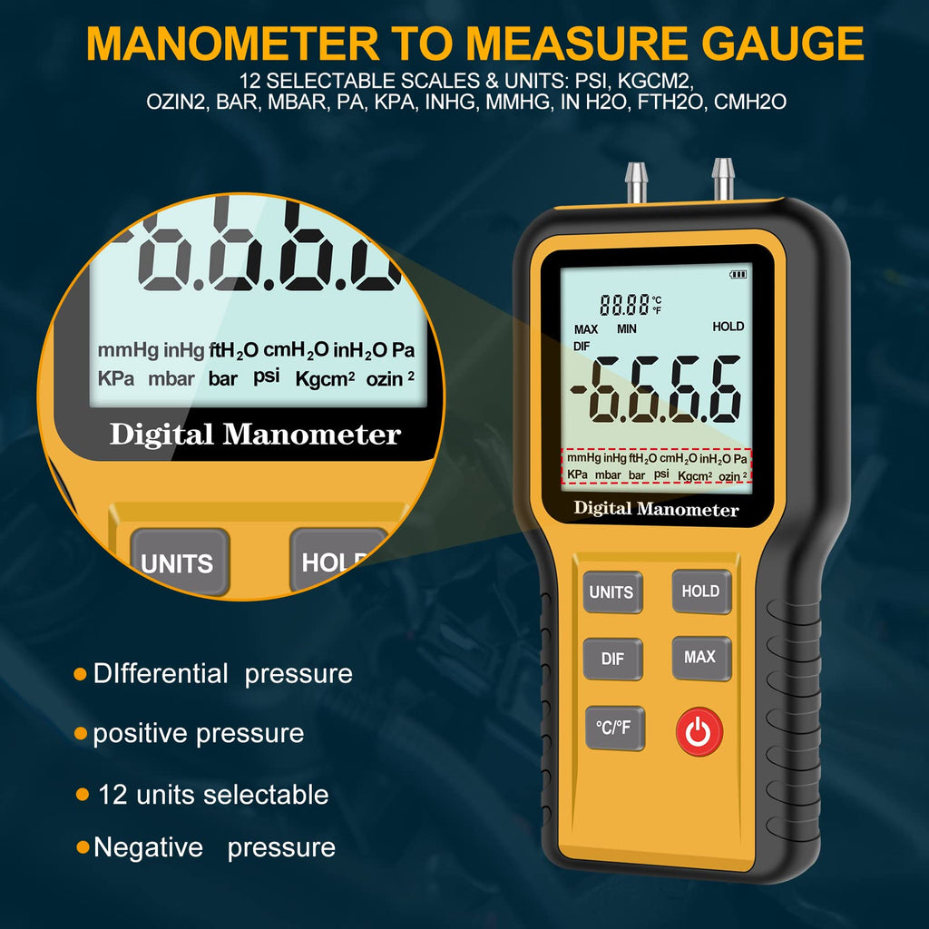 Manometer, Professional Air Pressure Meter, Dual-Port HVAC Digital Manometer Gas Pressure Tester,12 Selectable Units Differential Pressure Gauge, (Included Battery)
