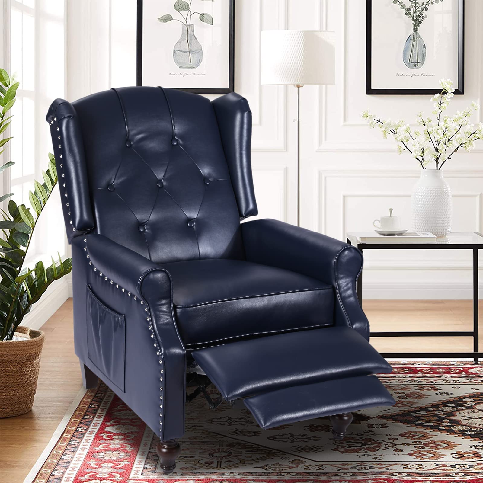 Wingback Chair with Massage and Heat, Tufted Fabric Pushback Recliner Chair, Wingback Recliner Chair with Remote Control, Padded Cushion, Wooden Legs, Small Recliners for Small Spaces
