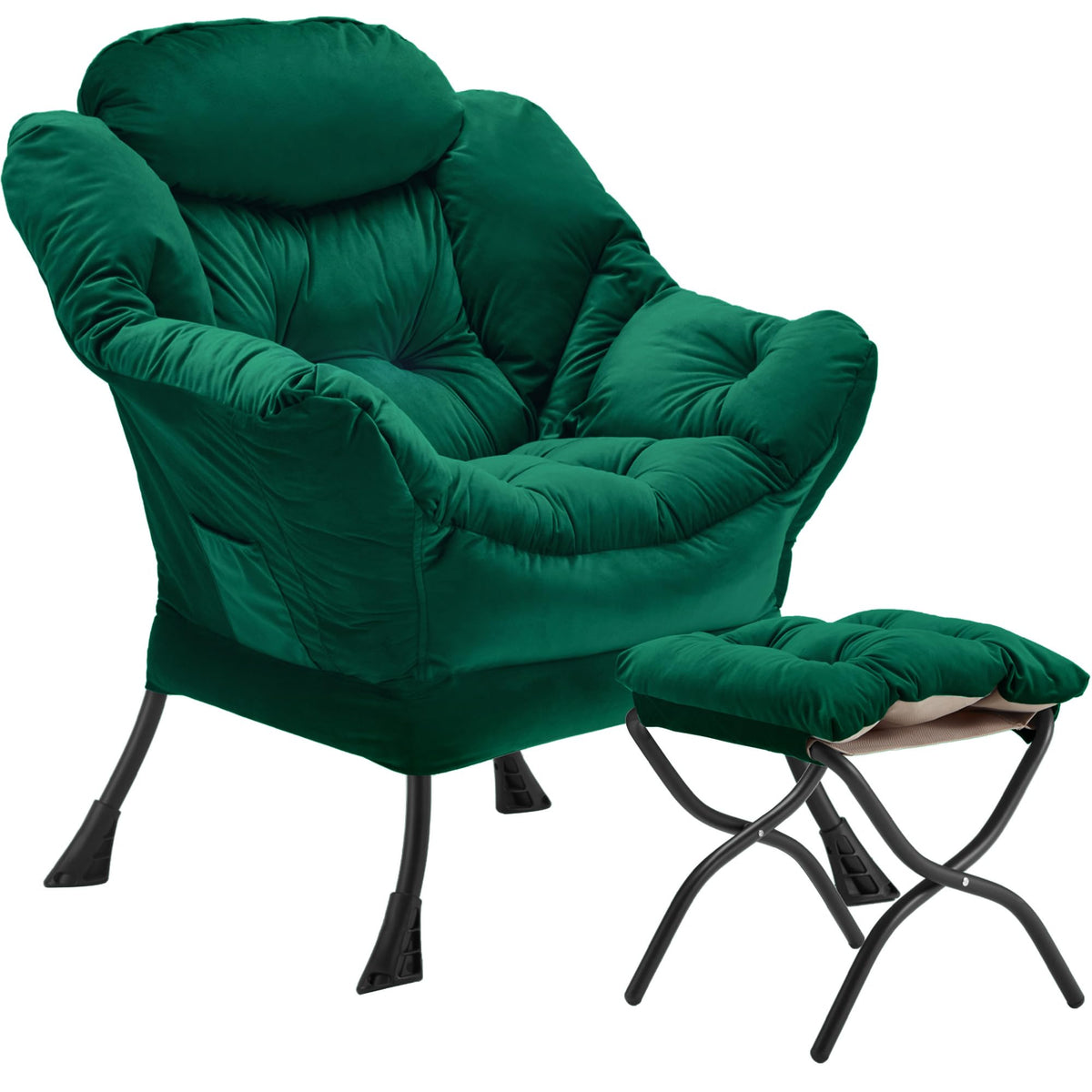 Youtanic Lazy Chair with Folding Ottoman, Accent Chair Velvet Upholstered with Metal Structure and Non-Slip Pads, Sofa Armchair with Footrest and Side Storage Bag for Dorm, Room, Office, Beige