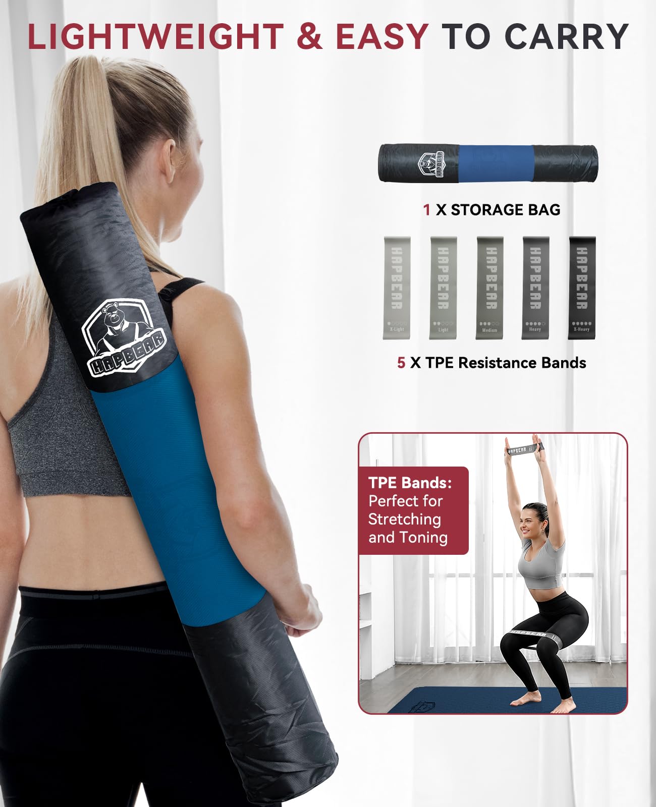 HAPBEAR Large Yoga Mat - 72"x36"x6mm (1/4 inch), Extra Wide Non-Slip Exercise Mat for Home Workout, Yoga, Pilates & Stretching, Durable, Includes Carry Bag