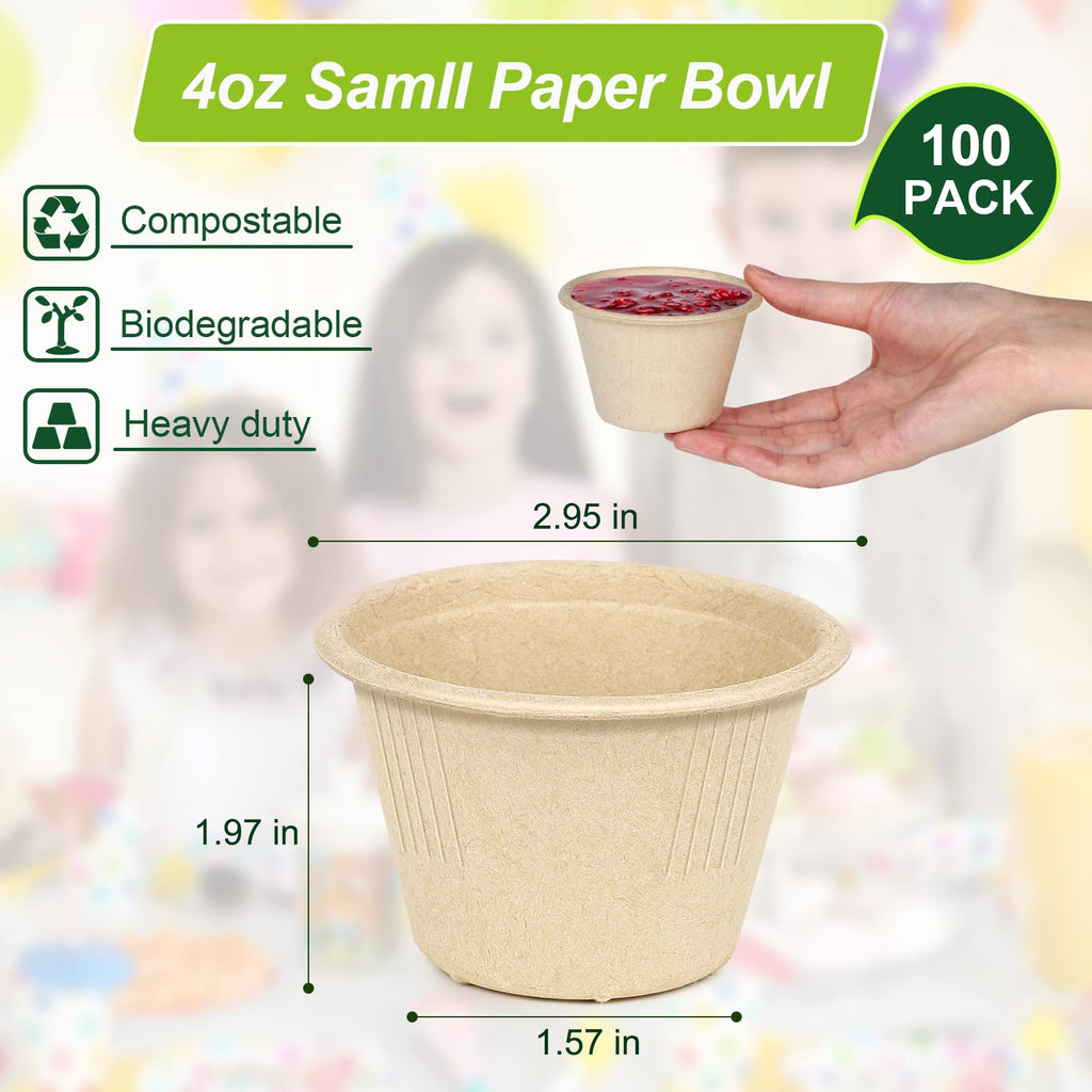 4 oz Small Paper Bowls, 100 Pack Compostable Bagasse Fiber Bowls, Microwavable for Condiments, Sauce, Ice Cream