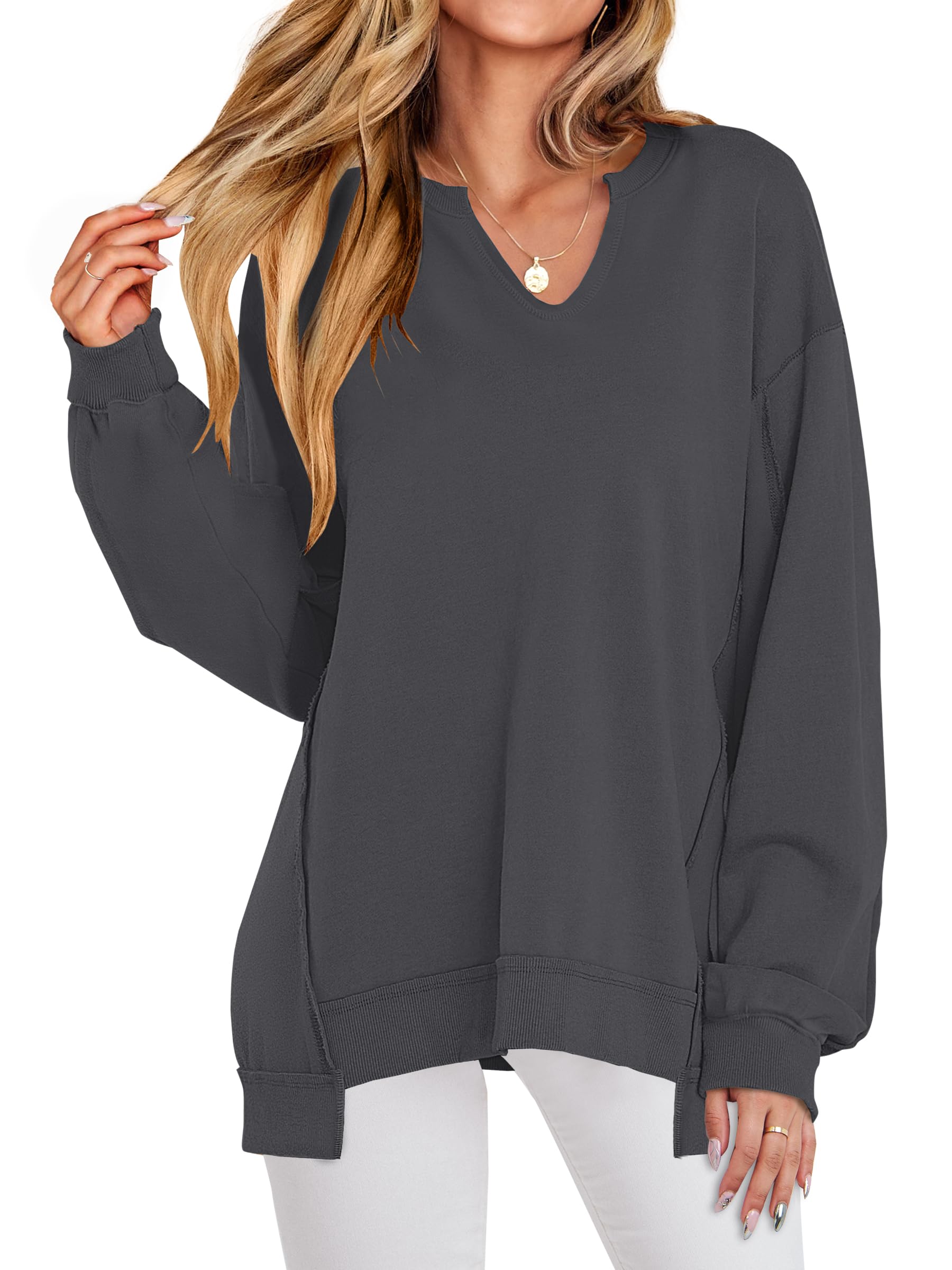 ANRABESS Women's Long Sleeve V-Neck Oversized Sweatshirts | Soft Lightweight Loose Fit Pullover Tops, Casual School Workout Office Tunic Shirts, Teen Girls Outfit, Fall Winter Clothes
