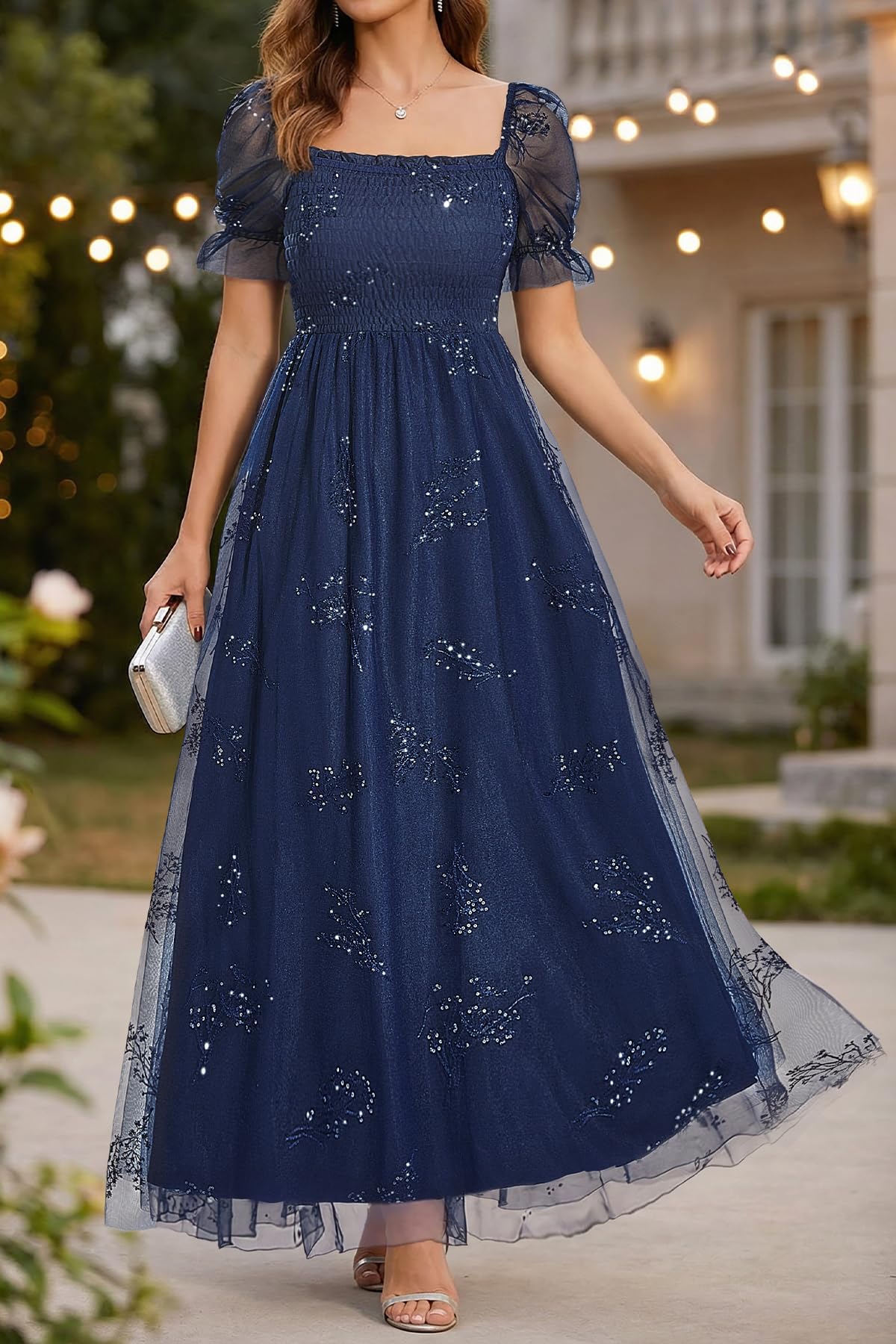 Plus Size Formal Dresses - Bridesmaid Leaf Embroidery with Sequin Tulle Prom Long Dress