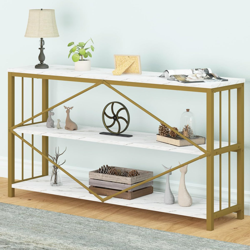 LVB Black Console Table, Modern Entryway Table for Hallway Living Room, Industrial Sofa Table Behind Couch, Farmhouse Wooden Metal Entry Table for Foyer with 3-Tier Storage Shelves, Black Oak, 55 Inch