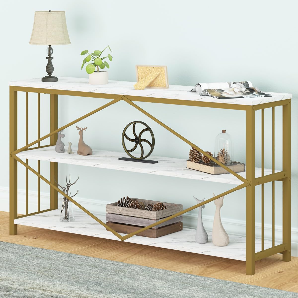 LVB Black Console Table, Modern Entryway Table for Hallway Living Room, Industrial Sofa Table Behind Couch, Farmhouse Wooden Metal Entry Table for Foyer with 3-Tier Storage Shelves, Black Oak, 55 Inch