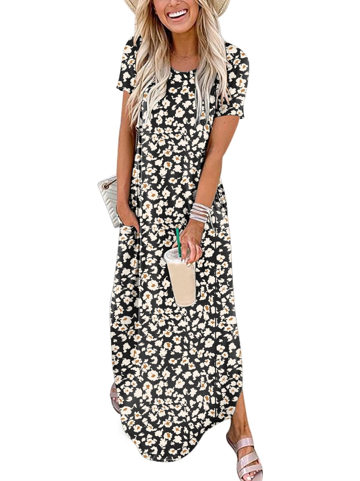 ANRABESS Womens Summer Maxi Dress Short Sleeve Casual Loose Long T Shirt Dresses Split Vacation Beach Sundress Travel Outfits