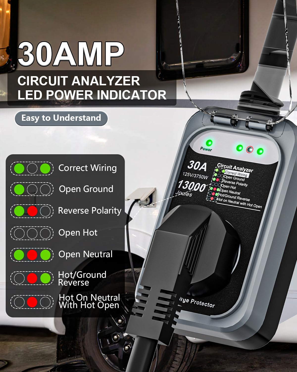 RV Surge Protector 30 Amp, 10000 Joules RV Circuit Analyzer with Waterproof Cover,RV Adapter Plug for Camper Travel Trailers (30 AMP)