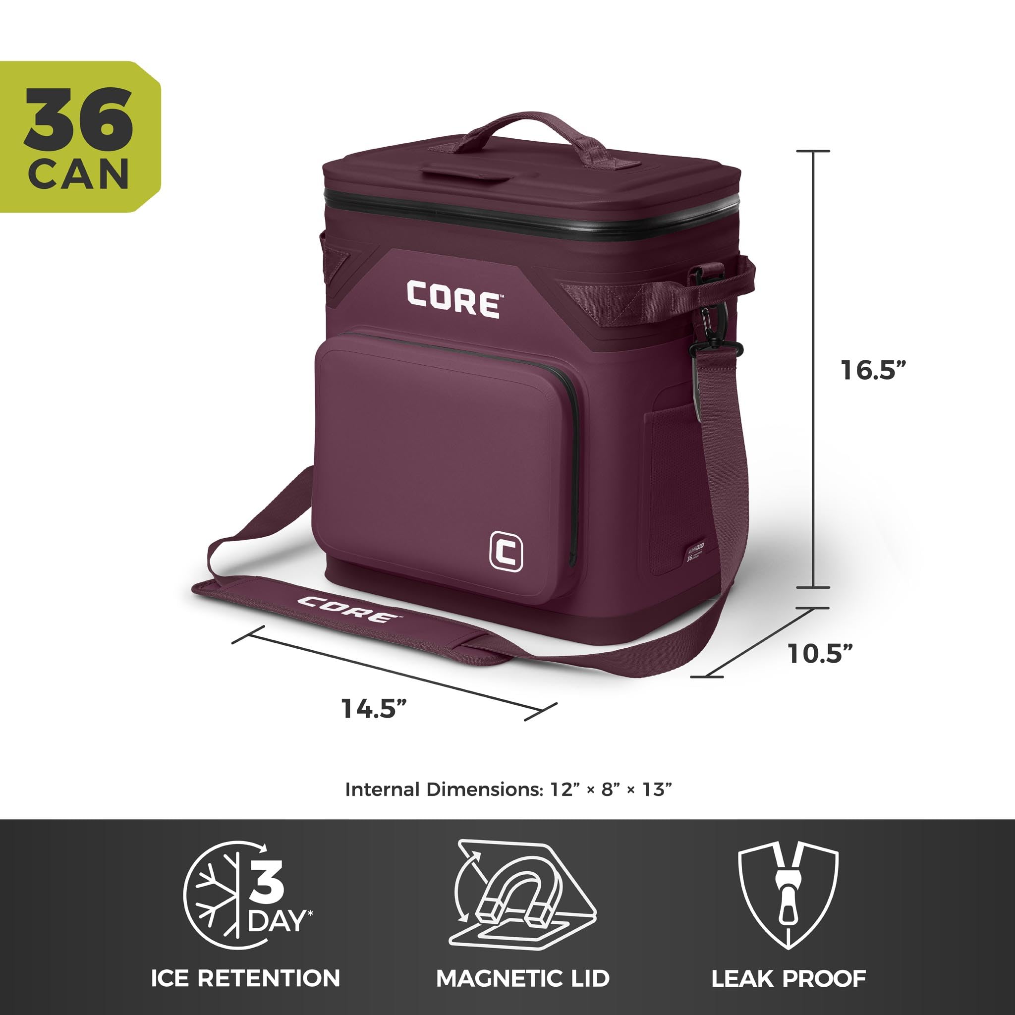 CORE Magnetic Leak Proof Soft Cooler with Waterproof Zipper | Insulated Bag Portable Ice Chest Box | Best Soft Cooler for Food & Beverages for Tailgating, Car Camping, Travel, and Family Beach Picnics