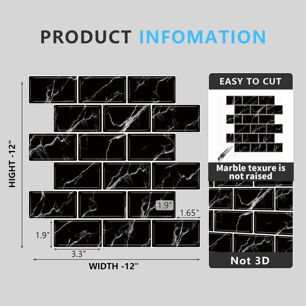 URCOLOR 10-Sheet Back Splashes for Kitchens Peel and Stick,12"x12" Self Adhesive Subway Wall Tiles Stick on backsplash Tiles for Bathroom Black Marble