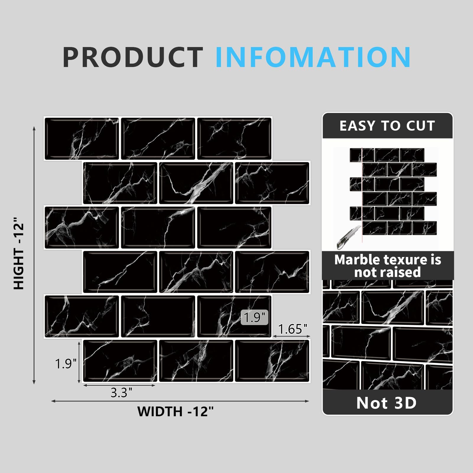 URCOLOR 10-Sheet Back Splashes for Kitchens Peel and Stick,12"x12" Self Adhesive Subway Wall Tiles Stick on backsplash Tiles for Bathroom Black Marble
