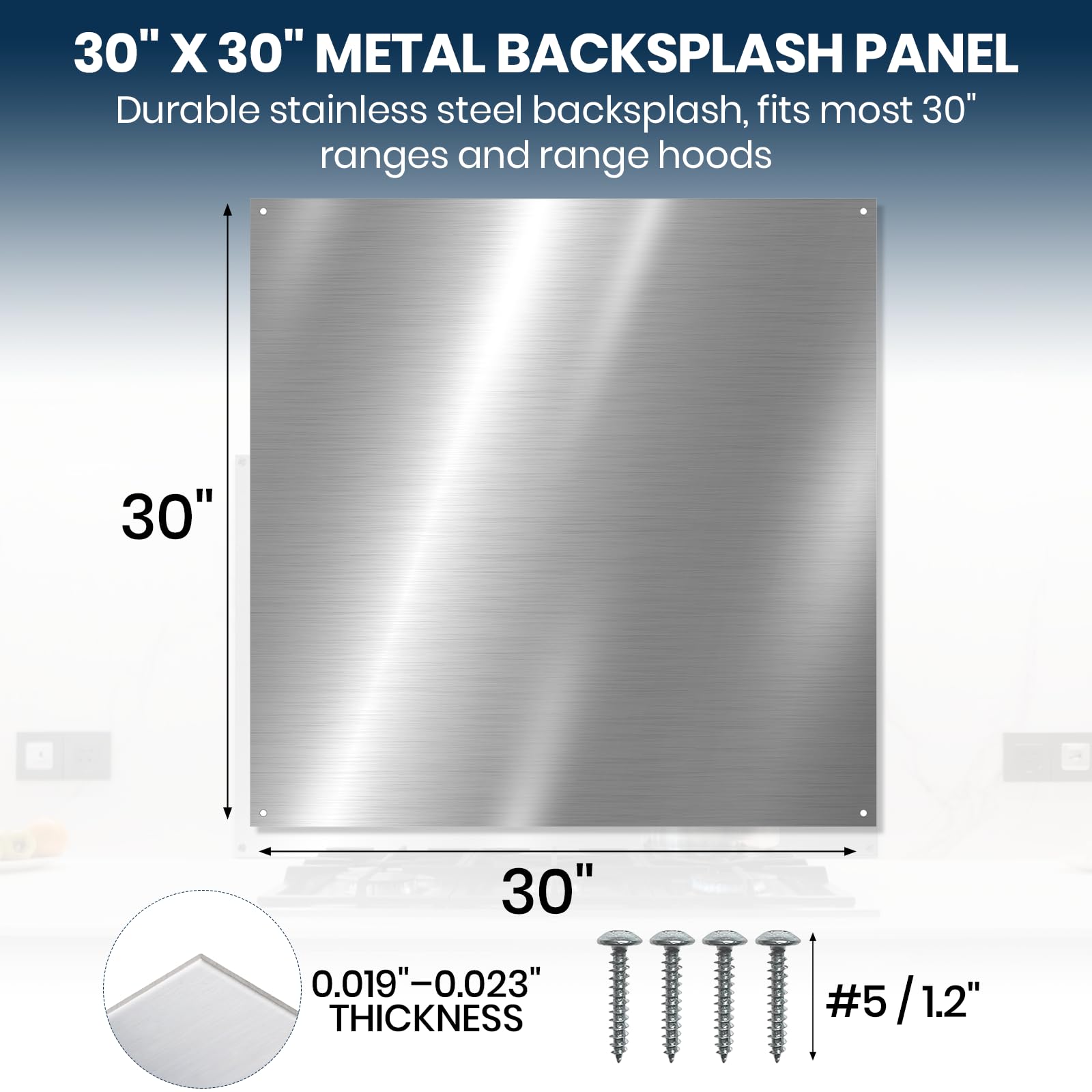 CALPALMY 30"x18" Metal Backsplash Panel for Stove – Reversible Metal Stove Backsplash Sheet with Pre-Drilled Holes, Easy-to-Clean Splatter Guard for Kitchen Walls, Includes Mounting Screws