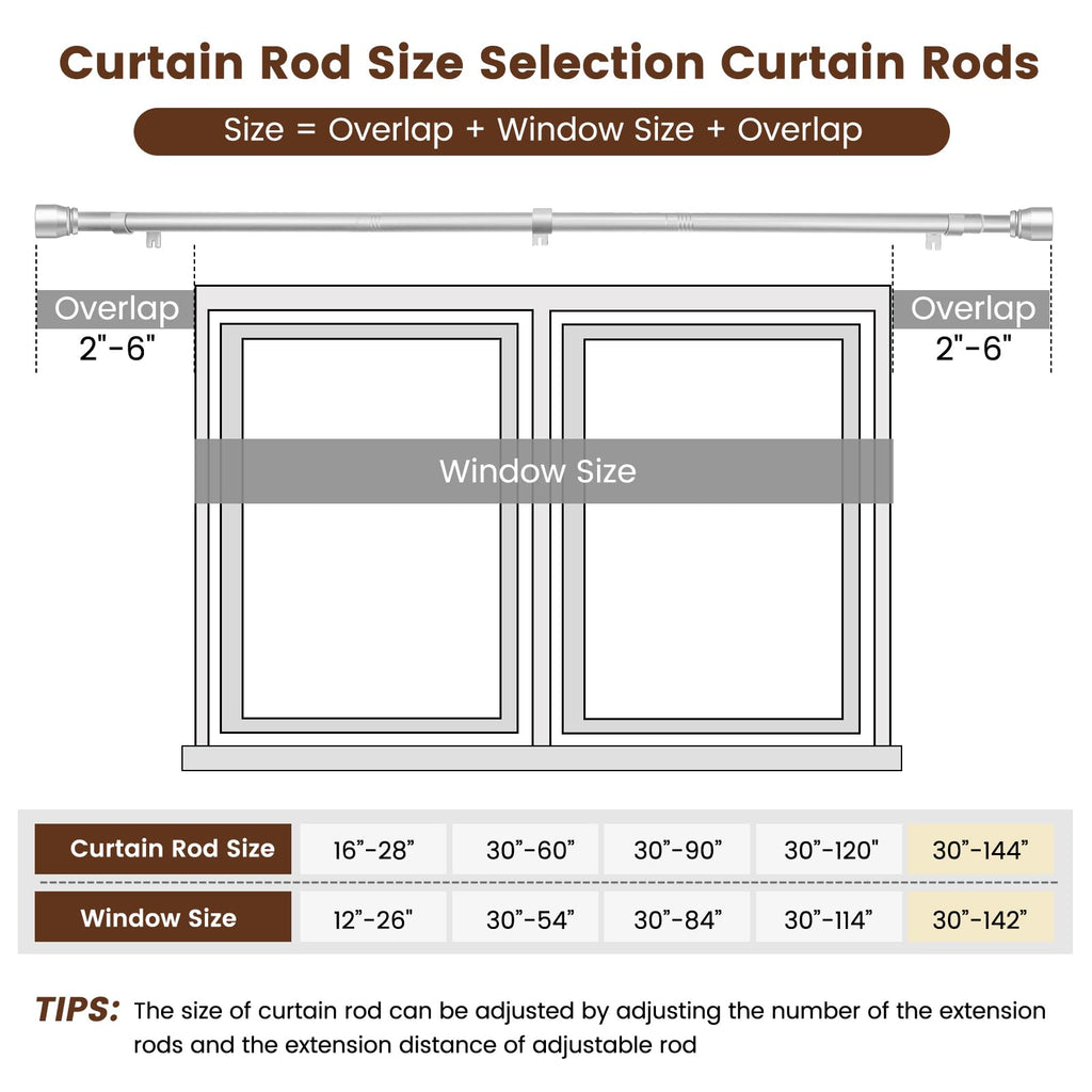 1” Diameter brown curtain rod Itself is 30 to 60 inch. 1 Pack Fits 30-54 inch Windows with Heavy Duty Adjustable brown curtain rods Splicing Metal Extra Long Curtain Rod