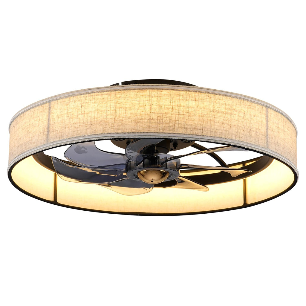20" Boho Rattan Caged Ceiling Fan with Light,Low Profile Flush Mount Bladeless Ceiling Fan with Remote Control, 6 Speeds Reversible Silent Motor, Farmhouse Fabric Fandalier for Bedroom,Living Room
