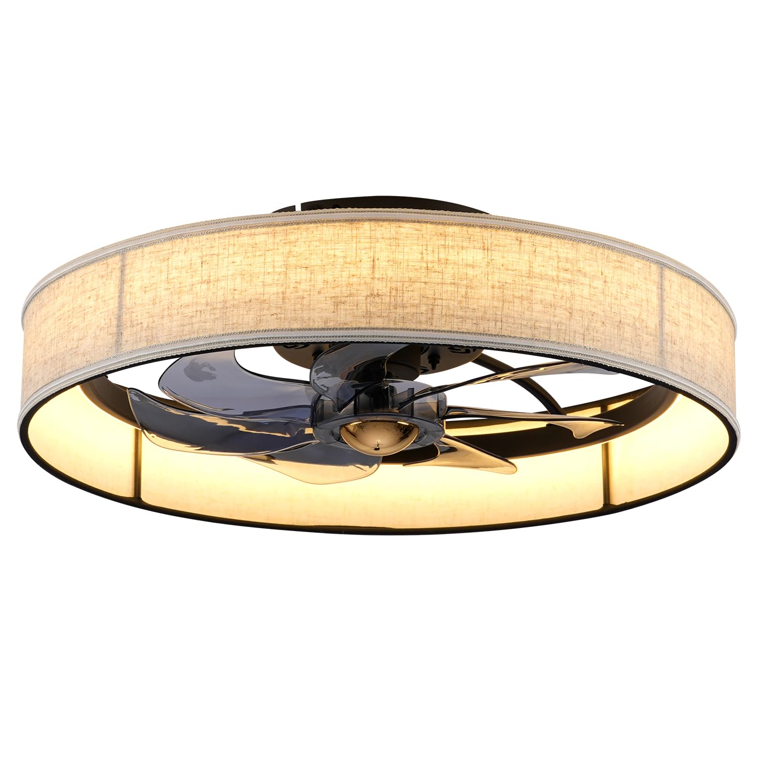 20" Boho Rattan Caged Ceiling Fan with Light,Low Profile Flush Mount Bladeless Ceiling Fan with Remote Control, 6 Speeds Reversible Silent Motor, Farmhouse Fabric Fandalier for Bedroom,Living Room