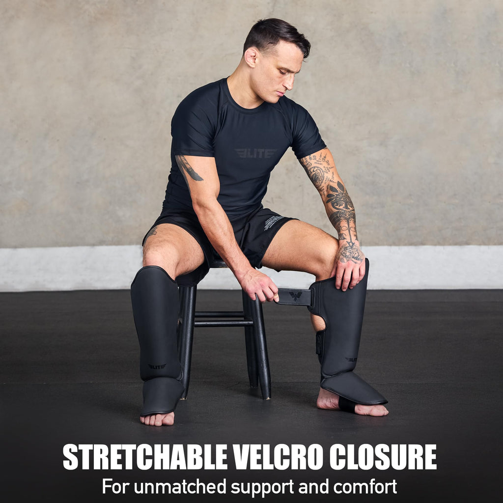 Elite Sports Muay Thai Shin Guards Kickboxing MMA Muay Thai Leg Instep Protective Pads, Martial Art Kicking Sparring Training Gear for BJJ Karate Boxing Taekwondo