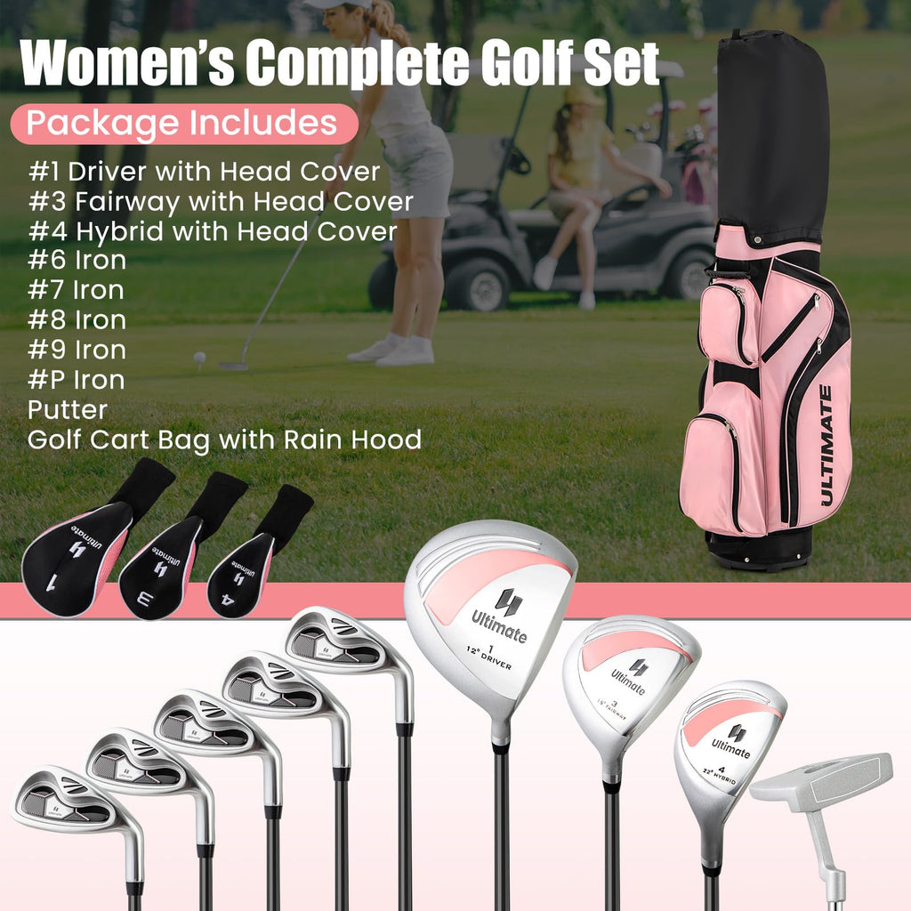 Tangkula 9/10/12 Pieces Women's Complete Golf Clubs Set, Golf Club Package Set with 460CC Driver, Fairway Wood & Hybrid, Irons, Putter, Portable Regular Golf Club Set
