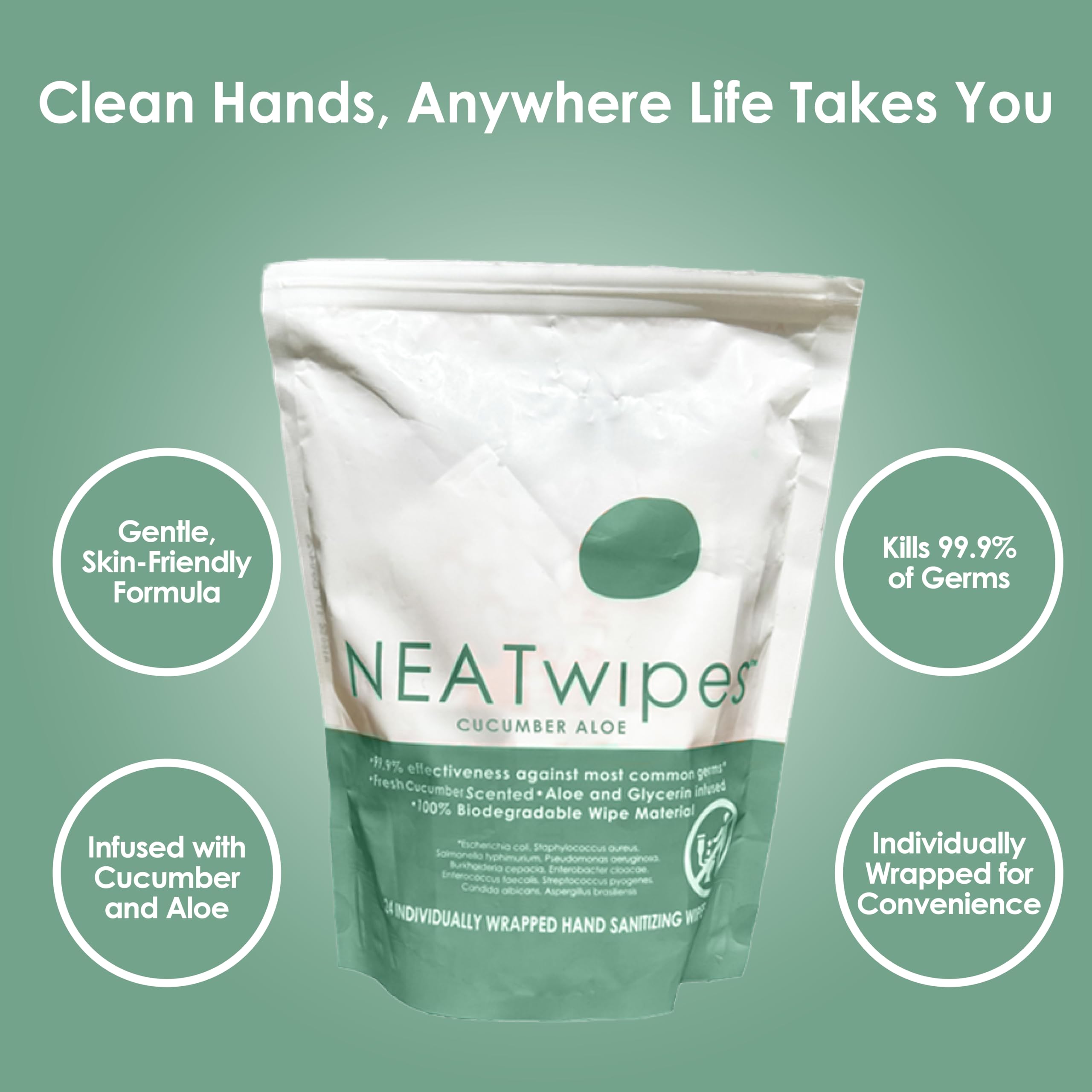 NEATwipes Hand Sanitizing Wipes | Travel Size | Disposable Wet Wipe & Biodegradable | Fresh Citrus Essential Oil | Soothing Aloe Vera | 24 Individually Wrapped Wipes