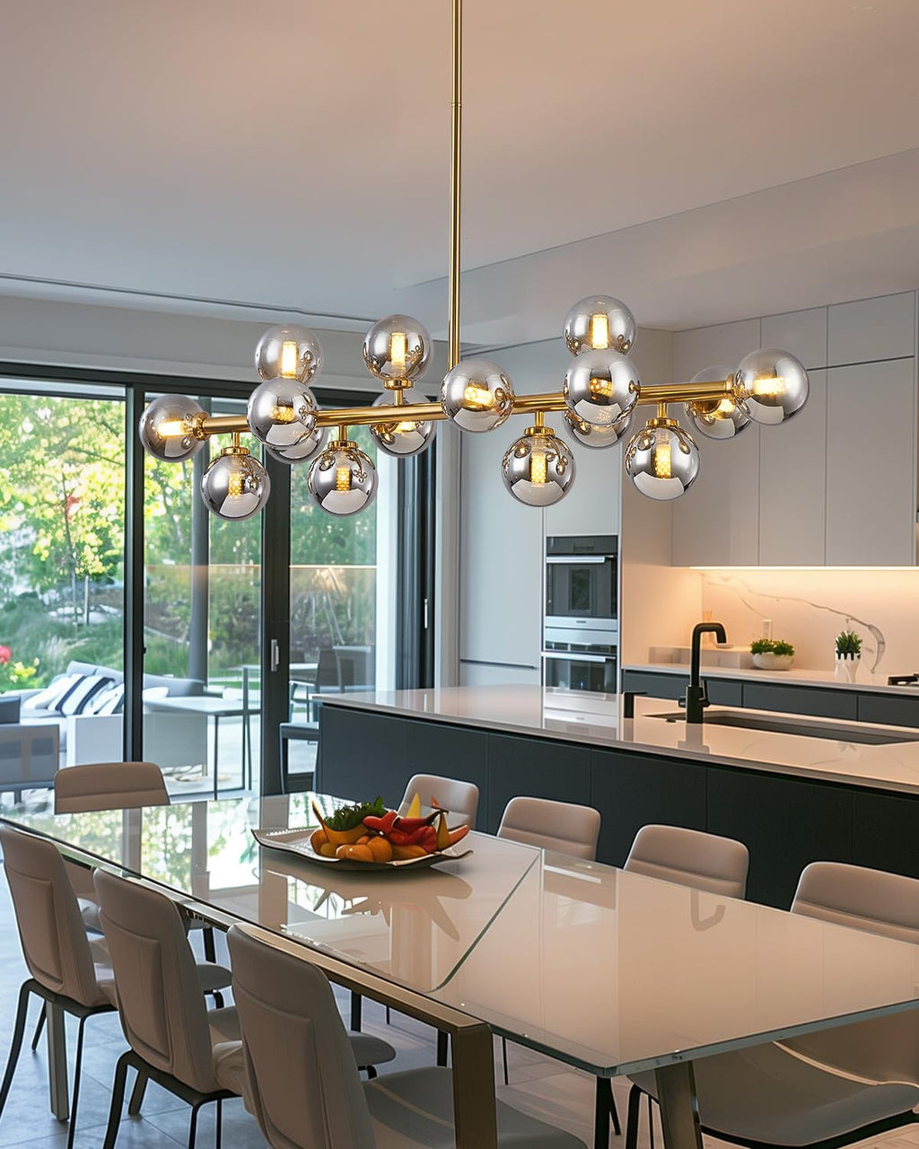 Modern Linear Chandeliers for Dining Room, 8-Light Globe Sputnik Pendant Ceiling Light, Black Dining Room Light Fixture Over Table, Mid Century Glass Milk White Bubble, 31.5 Inch, GC-09