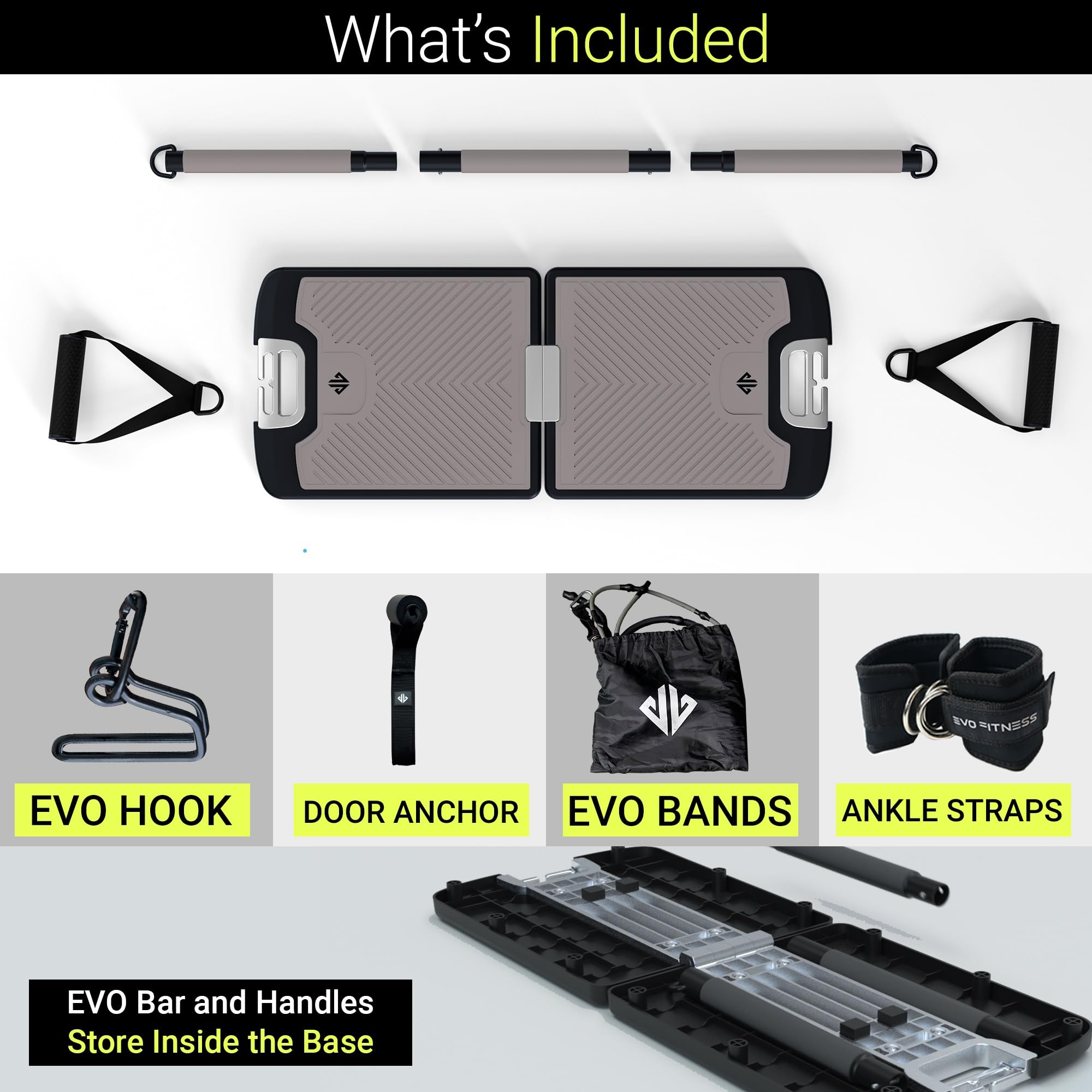 EVO Gym - Portable Home Gym Strength Training Equipment, At Home Gym | All in One Gym - Resistance Bands, Base Holds Gym Bar & Handles for Travel | Portable Gym & Home Exercise Equipment