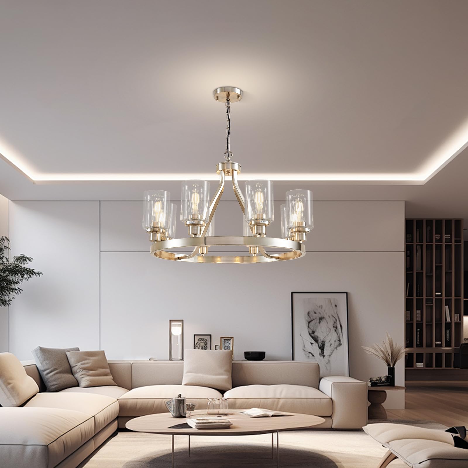Lanhall 6-Light Modern Dining Room Light Fixture Brushed Nickel Kitchen Chandelier Ceiling Hanging Pendant Lighting with Glass Shade for Living Room Bedroom Entryway Adjustable Height Metal E26