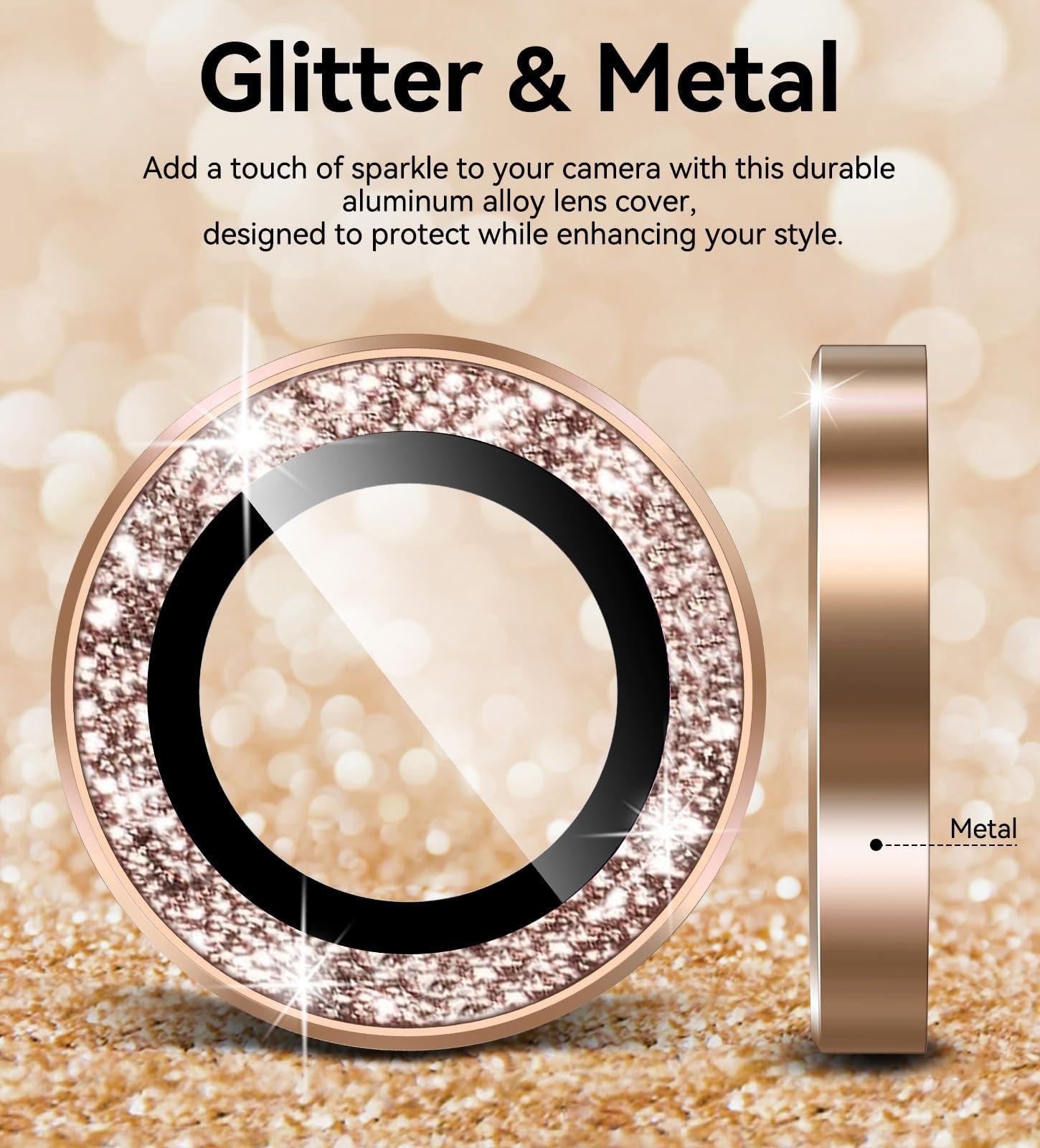 Matekxy Glitter Camera-Lens Protector for iPhone-16 Pro-Max - 16 Pro Anti-Scratch Tempered Glass with Aluminum Edging, Cute Girly Metal Individual Bling Ring Cover for Women, Black Titanium