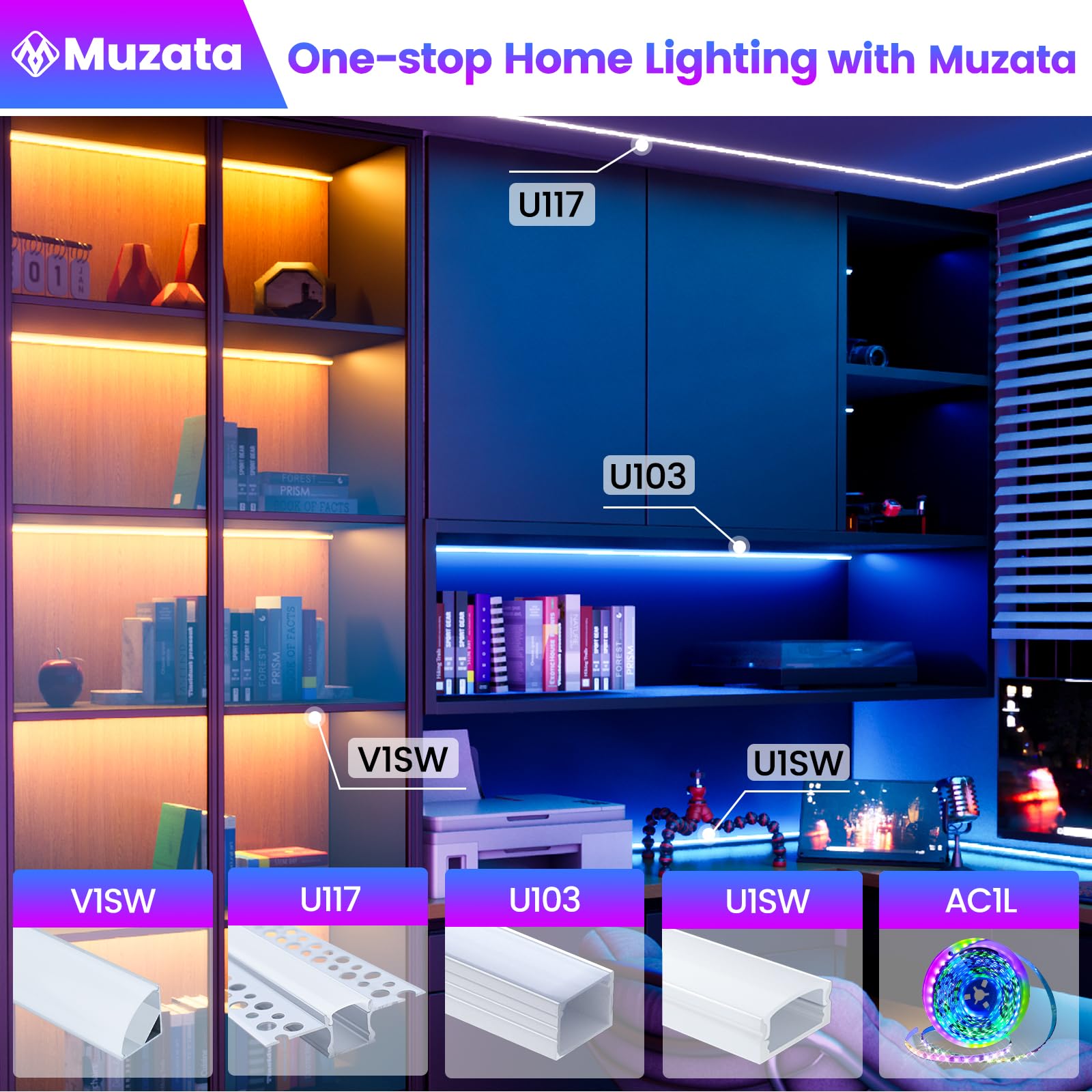 Muzata 10Pack 3.3FT/1M LED Channel Aluminum U Shape Silver LED Strip Diffuser Channel with Milky White Cover Easy Installation U1SW WW 1M