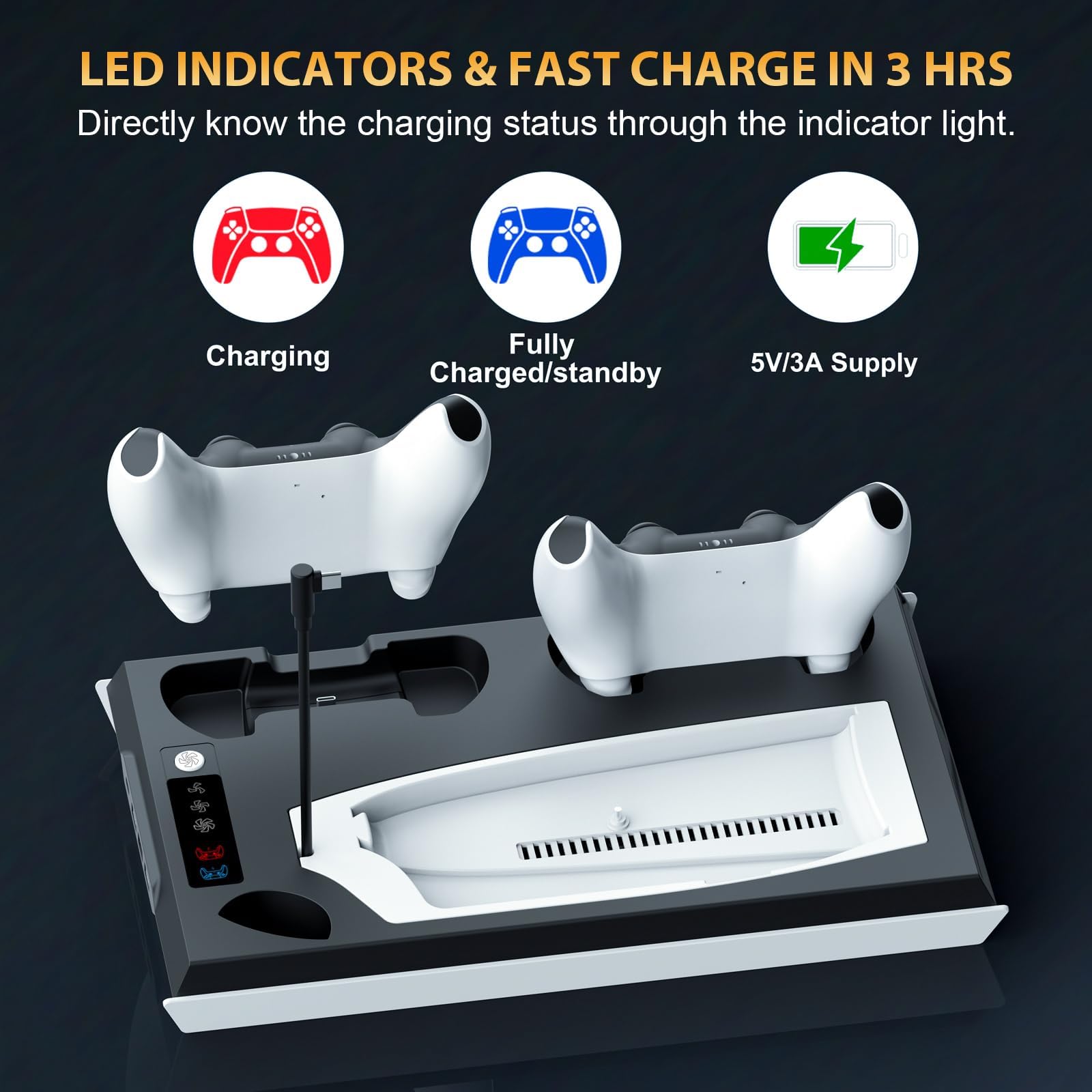 PS5 / PS5 Slim Cooling Station with Dual Controller Charging Station, PS 5 Cooling Stand for PlayStation 5 Console, Headset Holder/ PS 5 Cooling Fan/4 USB Hub All in One Accessories Organizer, Black