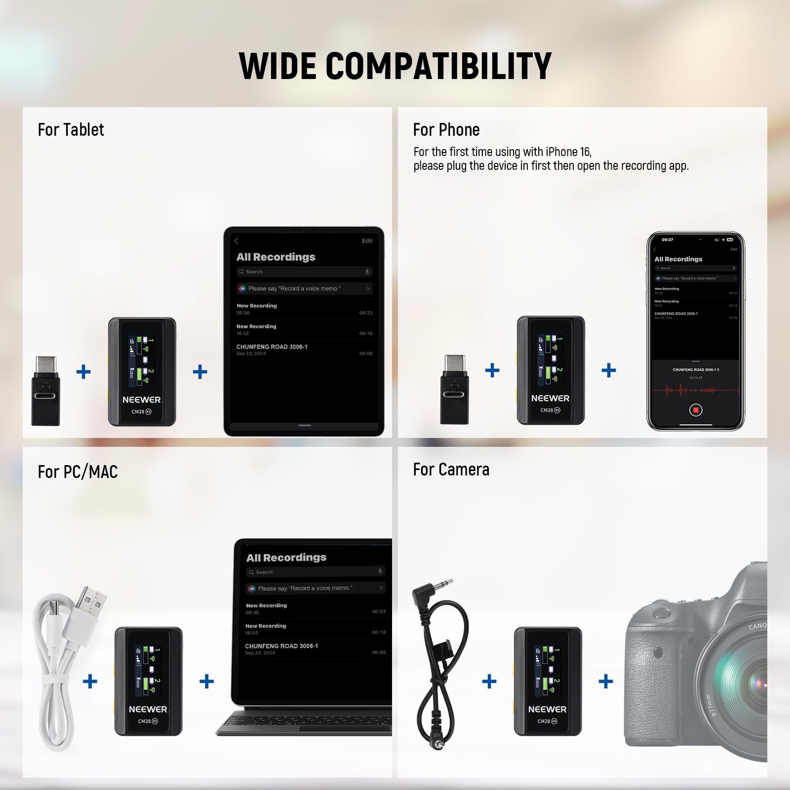 NEEWER CM28 Wireless Lavalier Microphone System, 1 Click Noise Canceling, 4GB Storage for 9Hrs of 48KHz 16 Bit Uncompressed Audio, Lapel Mic Compatible with iPhone/Android/PC/Camera/iPad