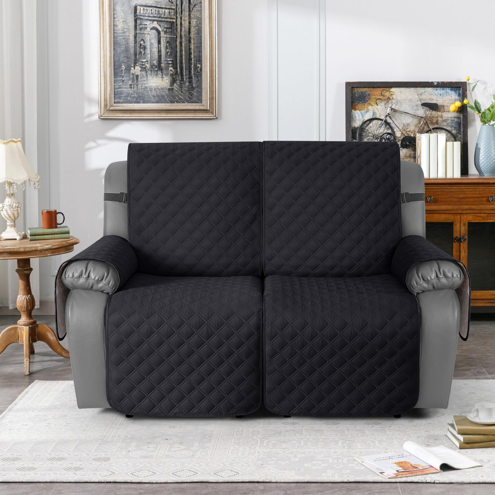 TAOCOCO 100% Waterproof Recliner Chair Covers, Reversible Recliner Covers with Leg Straps, Washable Recliner Sofa Covers for Reclining Chair Furniture Dog Protector with Pocket (Black, 23.6'')