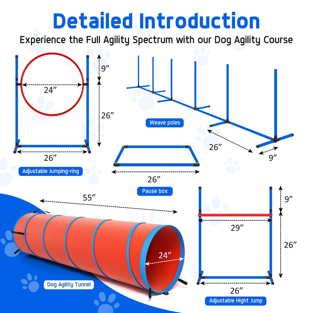 Polar Aurora Dog Agility Equipment, Dog Obstacle Courses Backyard - Pet Outdoor Games w/Adjustable High Jump, Agility Weave Poles, Tunnel, Jumping Ring, Pause Box, 2 Balls,Whistle and Carrying Bag