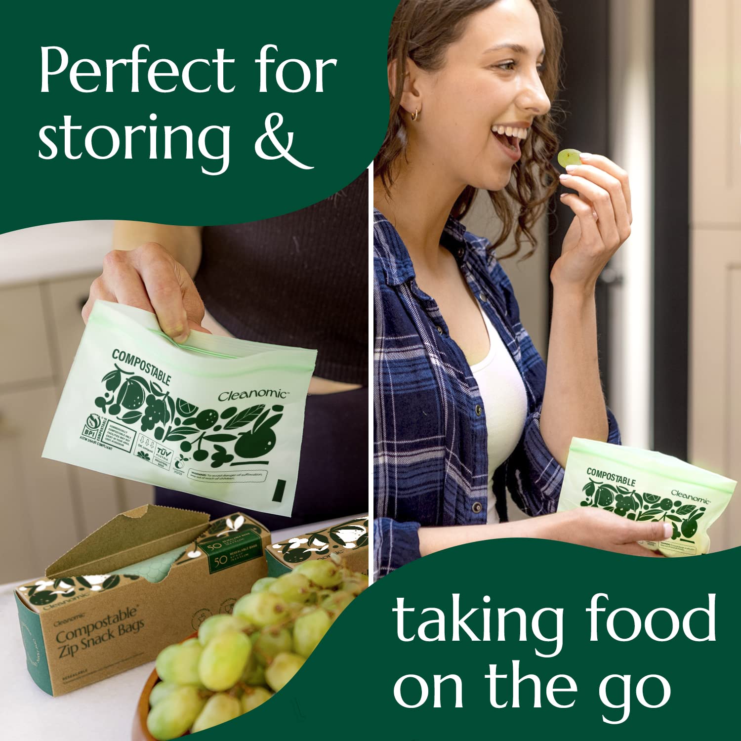 Cleanomic Compostable* Snack Size Food Storage Bags (50 Eco Zip) Freezer and Leak Proof, Also Available Gallon, Quart and Sandwich Size Bags