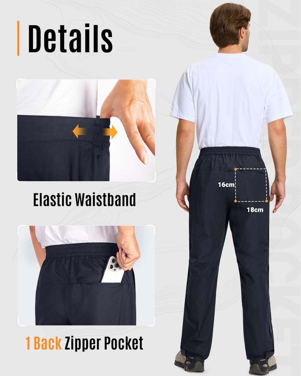 33,000ft Men's Rain Pants Full Zip Waterproof Pants Breathable Rain Over Trousers for Outdoor Hiking Golf Work