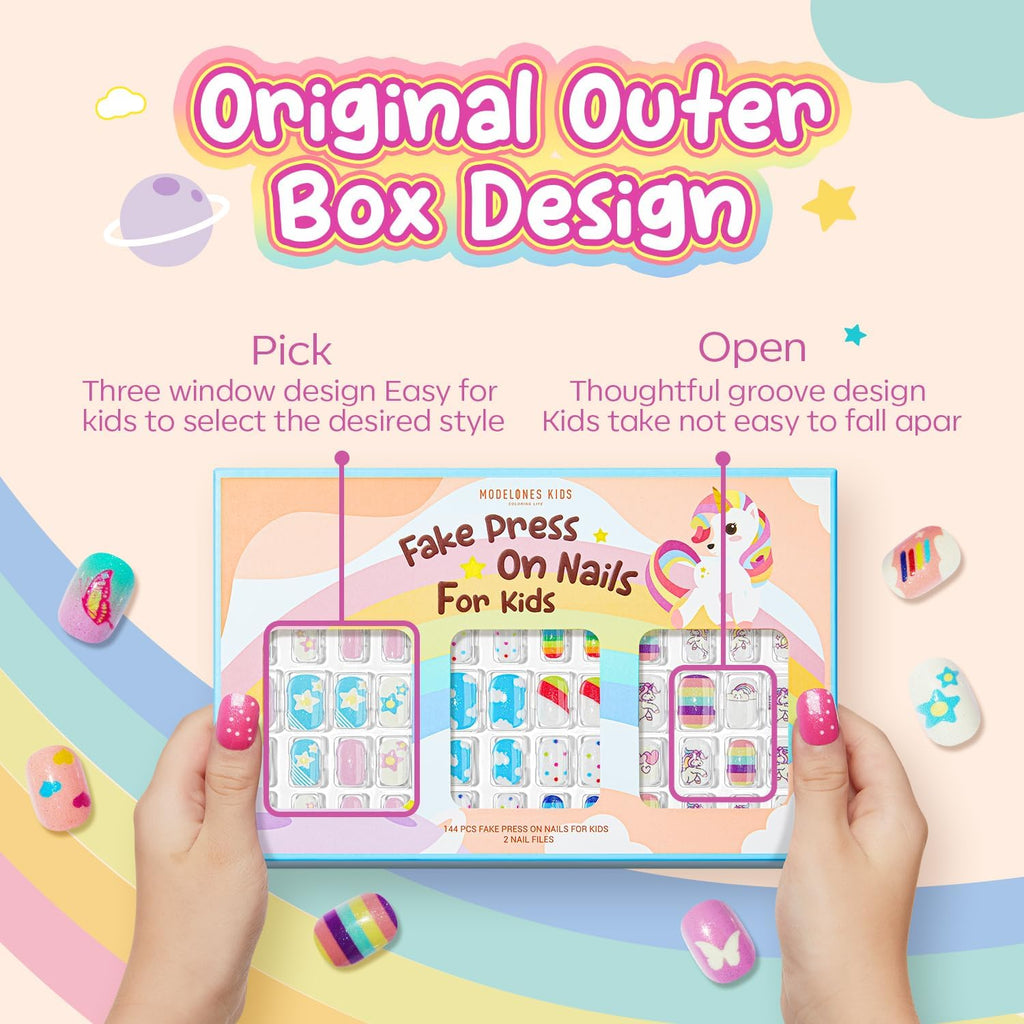 Modelones Press on Nails for Kids 144Pcs 6 Pack Children Acrylic Fake Nails Pre-glue Full Cover Glitter Gradient Color Heart Cat Short False Nail Art Kits Sets Christmas Gifts for Kids Girls