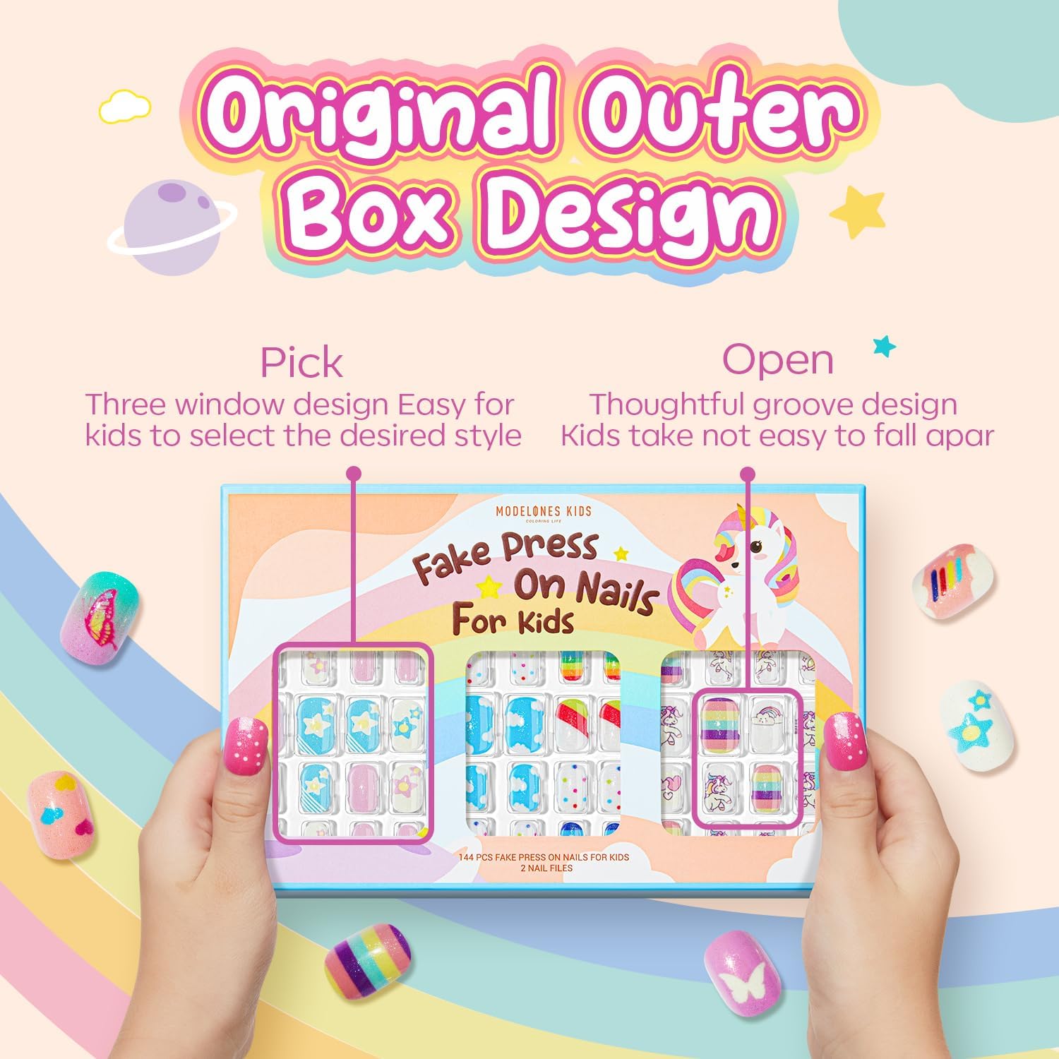 Modelones Press on Nails for Kids 144Pcs 6 Pack Children Acrylic Fake Nails Pre-glue Full Cover Glitter Gradient Color Heart Cat Short False Nail Art Kits Sets Christmas Gifts for Kids Girls
